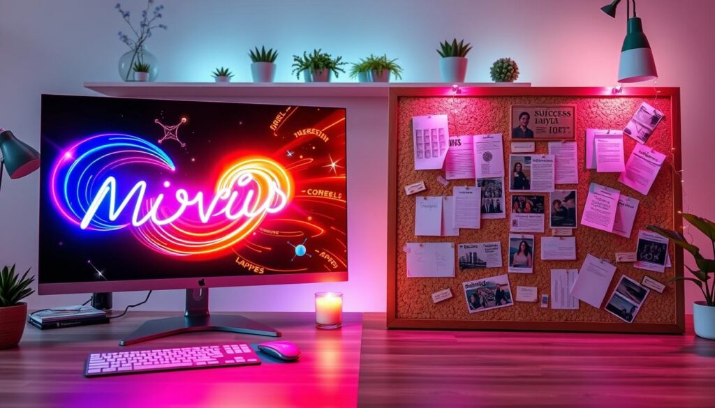 A visually striking comparison image depicting "mind movies" and traditional vision boards. In the foreground, a sleek, modern digital screen showcases vibrant, swirling neon animations representing a mind movie, filled with aspirations like success, travel, and happiness. Beside it, a traditional vision board made of cork, layered with magazine cutouts and handwritten notes, appears somewhat static and structured. The middle ground features soft, diffused lighting that emphasizes a dreamy, ethereal atmosphere, blending subtly with the animated visuals, hinting at the dynamic nature of mind movies. In the background, a serene workspace decorated with minimalist aesthetics, plant accents, and pastel colors creates an inspiring yet calming environment. The overall mood is energetic yet reflective, capturing the essence of manifestation and personal growth. A visually striking comparison image depicting "mind movies" and traditional vision boards. In the foreground, a sleek, modern digital screen showcases vibrant, swirling neon animations representing a mind movie, filled with aspirations like success, travel, and happiness. Beside it, a traditional vision board made of cork, layered with magazine cutouts and handwritten notes, appears somewhat static and structured. The middle ground features soft, diffused lighting that emphasizes a dreamy, ethereal atmosphere, blending subtly with the animated visuals, hinting at the dynamic nature of mind movies. In the background, a serene workspace decorated with minimalist aesthetics, plant accents, and pastel colors creates an inspiring yet calming environment. The overall mood is energetic yet reflective, capturing the essence of manifestation and personal growth.