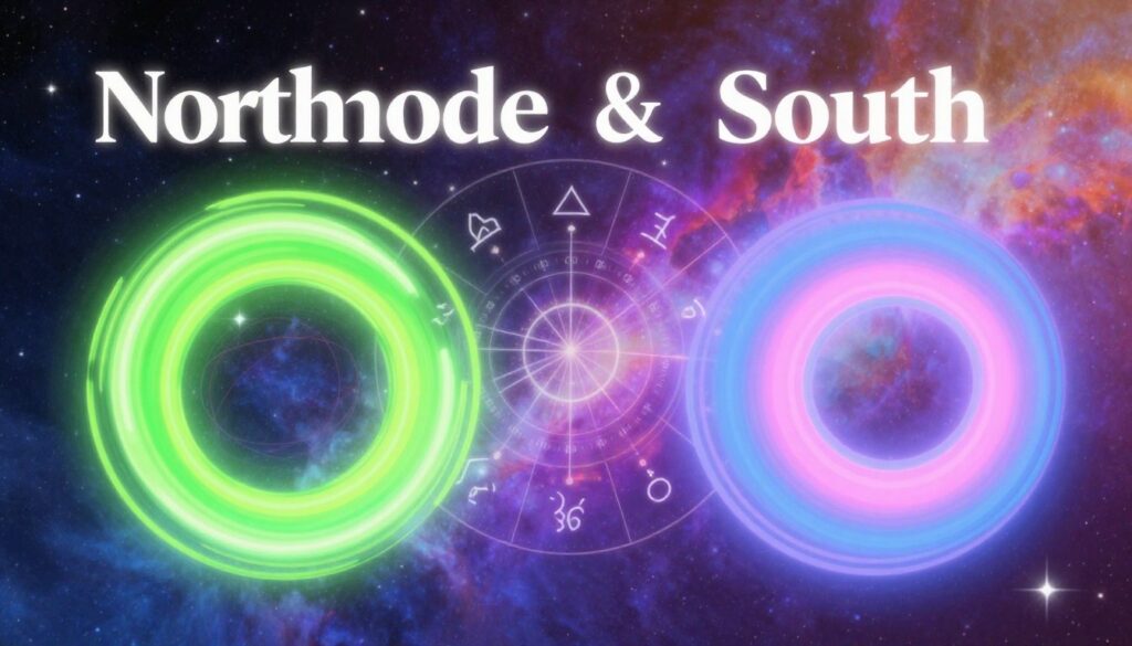 A visually striking comparison of North Node and South Node in astrology, designed in a high-end magazine advertisement style. In the foreground, depict two abstract, swirling designs representing the North Node in luminous neon colors—vibrant greens and purples, and the South Node in contrasting softer shades of blue and pink. In the middle, a subtly illuminated astrological chart with intricate symbols can be featured, hinting at the journey of self-discovery. The background should be a dreamy cosmic scene with twinkling stars and a gradient sky that transitions from dark to vibrant, creating an ethereal atmosphere. Soft, warm lighting enhances the dreamy vibe, shot with a slight tilt to evoke curiosity. The overall mood should feel inspiring and uplifting, appealing to an adult Gen Z audience. A visually striking comparison of North Node and South Node in astrology, designed in a high-end magazine advertisement style. In the foreground, depict two abstract, swirling designs representing the North Node in luminous neon colors—vibrant greens and purples, and the South Node in contrasting softer shades of blue and pink. In the middle, a subtly illuminated astrological chart with intricate symbols can be featured, hinting at the journey of self-discovery. The background should be a dreamy cosmic scene with twinkling stars and a gradient sky that transitions from dark to vibrant, creating an ethereal atmosphere. Soft, warm lighting enhances the dreamy vibe, shot with a slight tilt to evoke curiosity. The overall mood should feel inspiring and uplifting, appealing to an adult Gen Z audience.