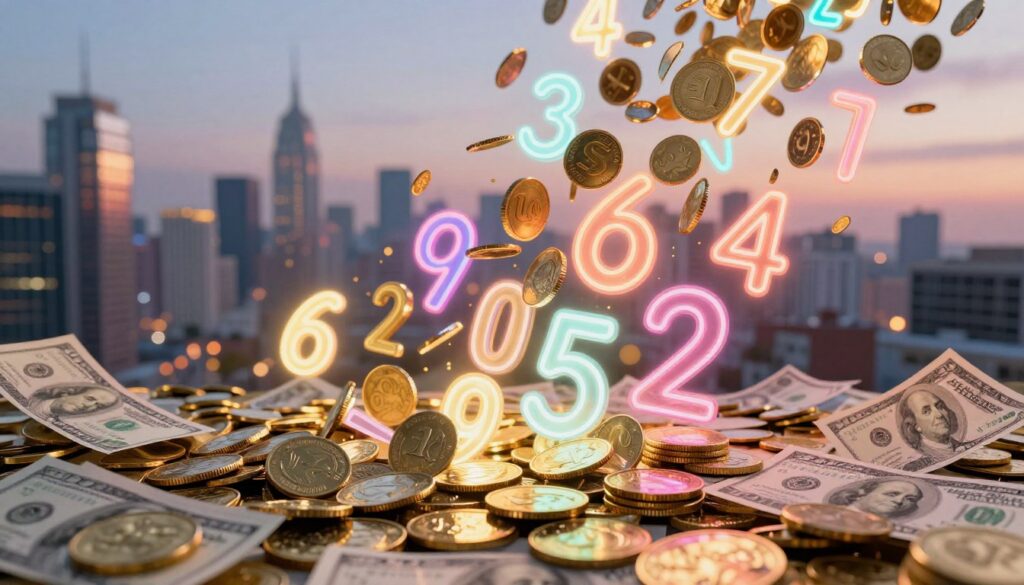 A visually striking composition featuring the concept of wealth represented by cascading, glowing numbers in neon colors, symbolizing repeating patterns. In the foreground, an abstract arrangement of shimmering gold coins and dollar bills, intricately woven into the fabric of the numbers. The middle layer showcases these numbers, floating in a three-dimensional space with a soft neon glow, emphasizing their significance and connection to financial opportunities. The background is a dreamy cityscape at dusk, reflecting wealth, ambition, and success with soft-focus skyscrapers. The overall mood is inspiring and aspirational, resembling a high-end magazine advertisement aimed at adult Gen Z. Natural lighting filters through the scene, creating a vibrant yet subtle atmosphere that resonates with hope and abundance.