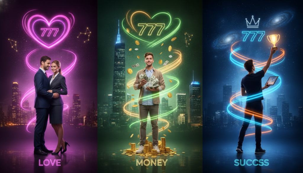 A visually striking composition featuring three distinct sections representing the concepts of love, money, and success through the lens of the 777 manifestation method. In the foreground, a diverse group of three adults dressed in professional business attire stands confidently, each embodying their respective theme: a couple radiating joy and connection for love, an individual holding stacks of money symbolizing wealth, and another person reaching toward a shimmering trophy for success. The middle layer showcases vibrant neon colors swirling around each figure, creating an energetic and mystical aura. In the background, dreamlike cityscapes and sparkling stars represent limitless possibilities, all captured with soft studio lighting and a slight bokeh effect to enhance depth. The overall mood is one of optimism and inspiration, inviting viewers into a world of manifestation.