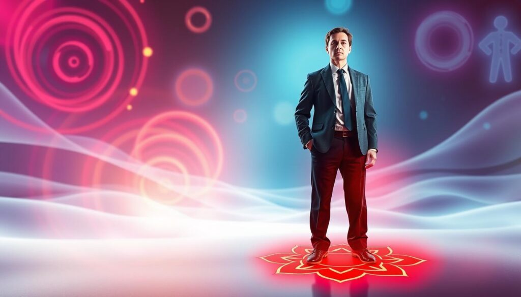 A visually striking composition illustrating signs of a root chakra imbalance. In the foreground, a person in professional business attire stands with a concerned expression, surrounded by vibrant, pulsing neon colors representing energy flow. Their feet are subtly positioned on a stylized, glowing red root chakra symbol. In the middle ground, swirling abstract shapes and blurred outlines hint at symptoms like anxiety, instability, and discomfort, echoing the themes of imbalance. The background features a dreamlike, ethereal landscape with soft light and gentle curves, immersing the viewer in a surreal mood. Use bright, contrasting colors to evoke emotional tension and a sense of urgency, captured with a soft-focus lens to enhance the otherworldly atmosphere. The lighting should be dramatic, casting subtle shadows that highlight the intensity of the imbalance. A visually striking composition illustrating signs of a root chakra imbalance. In the foreground, a person in professional business attire stands with a concerned expression, surrounded by vibrant, pulsing neon colors representing energy flow. Their feet are subtly positioned on a stylized, glowing red root chakra symbol. In the middle ground, swirling abstract shapes and blurred outlines hint at symptoms like anxiety, instability, and discomfort, echoing the themes of imbalance. The background features a dreamlike, ethereal landscape with soft light and gentle curves, immersing the viewer in a surreal mood. Use bright, contrasting colors to evoke emotional tension and a sense of urgency, captured with a soft-focus lens to enhance the otherworldly atmosphere. The lighting should be dramatic, casting subtle shadows that highlight the intensity of the imbalance.