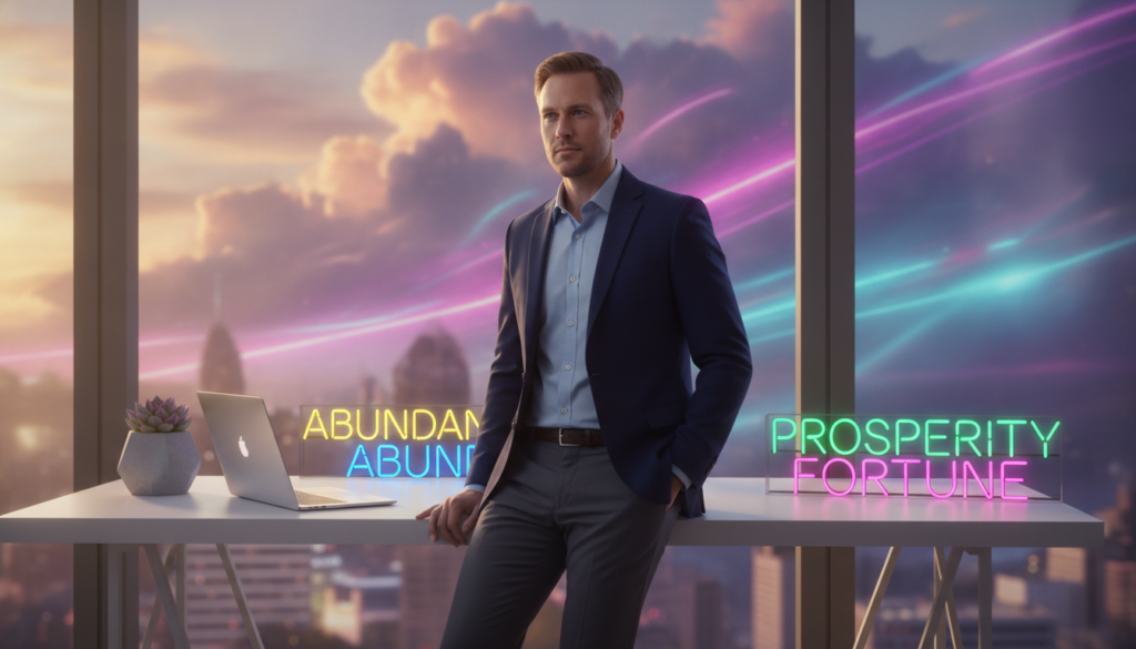 A visually striking composition showcasing a modern workspace infused with dreamcore aesthetics. In the foreground, an elegant white desk adorned with vibrant neon-colored affirmations about wealth is neatly arranged alongside a sleek laptop and a trendy succulent plant. The middle ground features a well-dressed Caucasian adult, casually leaning against the desk, embodying confidence in professional attire, gazing thoughtfully at the affirmations. The background is a softly blurred city skyline, illuminated in dreamy neon hues, creating a dynamic atmosphere that embodies aspirations of wealth and success. Soft, warm lighting highlights the scene, giving a sense of hope and positivity. The overall mood is inspiring and motivating, encouraging a shift towards a wealth mindset without any text elements. A visually striking composition showcasing a modern workspace infused with dreamcore aesthetics. In the foreground, an elegant white desk adorned with vibrant neon-colored affirmations about wealth is neatly arranged alongside a sleek laptop and a trendy succulent plant. The middle ground features a well-dressed Caucasian adult, casually leaning against the desk, embodying confidence in professional attire, gazing thoughtfully at the affirmations. The background is a softly blurred city skyline, illuminated in dreamy neon hues, creating a dynamic atmosphere that embodies aspirations of wealth and success. Soft, warm lighting highlights the scene, giving a sense of hope and positivity. The overall mood is inspiring and motivating, encouraging a shift towards a wealth mindset without any text elements.
