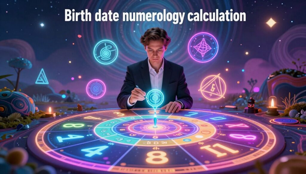 A visually striking depiction of "Birth date numerology calculation" as a central theme. In the foreground, detailed numerology charts featuring vibrant, neon colors with artistic representations of numbers and symbolic elements. In the middle ground, a focused adult Gen Z figure (Caucasian) dressed in professional attire, intently calculating their Life Path Number, surrounded by glowing astrological symbols and abstract geometric shapes. The background features a dreamlike, surreal landscape with swirling patterns and ethereal light, creating a mystical atmosphere. The scene is illuminated with soft, ambient lighting that enhances the neon hues, evocative of a high-end magazine advertisement. The overall mood is creative and inspirational, inviting viewers into the realm of personal discovery and numerology. A visually striking depiction of "Birth date numerology calculation" as a central theme. In the foreground, detailed numerology charts featuring vibrant, neon colors with artistic representations of numbers and symbolic elements. In the middle ground, a focused adult Gen Z figure (Caucasian) dressed in professional attire, intently calculating their Life Path Number, surrounded by glowing astrological symbols and abstract geometric shapes. The background features a dreamlike, surreal landscape with swirling patterns and ethereal light, creating a mystical atmosphere. The scene is illuminated with soft, ambient lighting that enhances the neon hues, evocative of a high-end magazine advertisement. The overall mood is creative and inspirational, inviting viewers into the realm of personal discovery and numerology.
