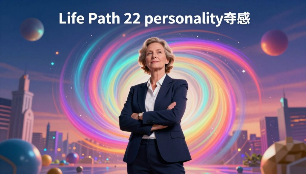 A visually striking depiction of "Life Path 22 personality traits," featuring an adult Caucasian individual in professional business attire, exuding confidence and wisdom. In the foreground, the person stands in a powerful pose, with a serene expression, symbolizing leadership and insight. The middle section showcases vibrant, dreamcore-inspired neon colors swirling around them, illustrating creativity, ambition, and a visionary mindset. In the background, abstract geometric shapes and architectural elements suggest the concept of empire-building and structure, subtly merging into a dynamic city skyline at dusk. The lighting is soft but dramatic, highlighting the individual while casting ambient reflections of color around, creating an uplifting and motivational atmosphere. The composition is framed from a low angle, emphasizing strength and vision, ideal for a high-end magazine advertisement appeal.