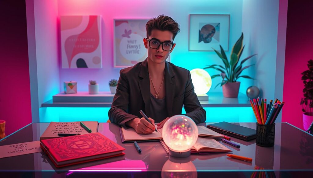 A visually striking depiction of the 33X3 manifestation writing method, showcasing a serene space filled with a futuristic, dreamlike atmosphere. In the foreground, a stylish, adult Gen Z individual is seated at a sleek, modern desk, surrounded by vibrant neon-colored stationery: notebooks with intricate designs, colorful pens, and motivational quotes scattered around. The middle layer features an ethereal glow emanating from a softly glowing crystal ball, symbolizing manifestation and dreams coming true. The background reveals a softly lit, calming environment adorned with abstract art and plants, all in neon hues. Lighting should be soft yet dramatic, highlighting the subject's focused expression while creating an aura of inspiration and creative energy. The overall mood is uplifting, channeling a sense of hopeful determination for manifesting dreams. A visually striking depiction of the 33X3 manifestation writing method, showcasing a serene space filled with a futuristic, dreamlike atmosphere. In the foreground, a stylish, adult Gen Z individual is seated at a sleek, modern desk, surrounded by vibrant neon-colored stationery: notebooks with intricate designs, colorful pens, and motivational quotes scattered around. The middle layer features an ethereal glow emanating from a softly glowing crystal ball, symbolizing manifestation and dreams coming true. The background reveals a softly lit, calming environment adorned with abstract art and plants, all in neon hues. Lighting should be soft yet dramatic, highlighting the subject's focused expression while creating an aura of inspiration and creative energy. The overall mood is uplifting, channeling a sense of hopeful determination for manifesting dreams.