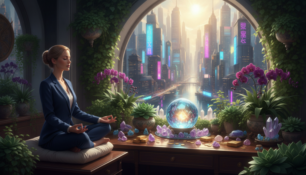 A visually striking digital artwork depicting a serene workspace filled with abundant elements. In the foreground, a polished wooden desk is adorned with lush green plants, vibrant crystals, and golden coins scattered around a glowing crystal ball. To the left, a young adult Caucasian woman, dressed in professional business attire, meditates with her eyes closed, radiating calm. The background features a large window revealing a view of a bright, sunlit cityscape bathed in neon colors, symbolizing prosperity. Soft, ethereal lighting casts gentle shadows, enhancing the tranquil atmosphere. The composition is captured from a slightly elevated angle to provide depth, focusing on the balance between the tranquil subject and the vibrant, abundant surroundings. The overall mood conveys positivity and transformation, encouraging a shift from scarcity thinking to one of abundance and growth.