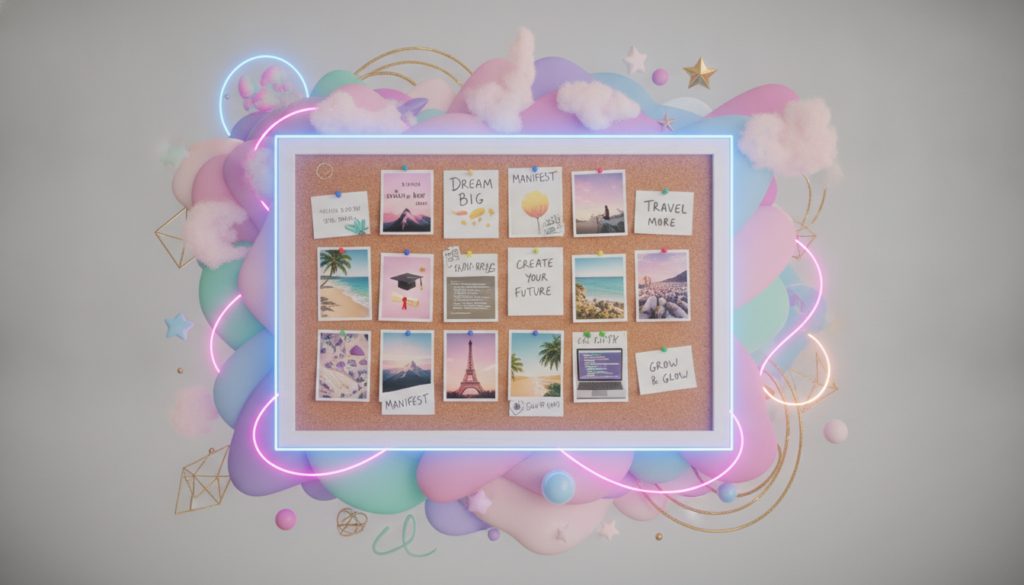 A visually striking digital goal collage, showcasing a vibrant array of dream elements such as travel destinations, inspirational quotes, aesthetic experiences, and personal aspirations. In the foreground, a beautifully designed vision board with an assortment of colorful images pinned against a sleek, minimalist backdrop. The middle ground features glowing outlines and neon accents that highlight key goals, while soft pastel tones create harmony. The background should include abstract dreamcore shapes that evoke creativity and innovation, merging seamlessly with the collage. Use soft, ambient lighting to enhance the vibrant colors, with a slight vignette effect to draw the eye inward. The mood is motivational and inspiring, capturing the essence of envisioning and manifesting dreams, aimed at an adult Gen Z audience.