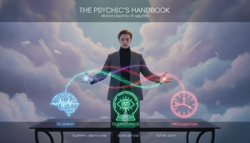 A visually striking guide to various types of psychic abilities, featuring a sleek, modern layout. In the foreground, depict an elegant table displaying distinct psychic symbols for telepathy, clairvoyance, and precognition, each symbol glowing in vibrant neon colors. The middle ground showcases a talented young adult with Caucasian/white features, dressed in stylish business attire, demonstrating psychic energy emanating from their hands towards the symbols, creating a captivating interaction. The background is a dreamy, ethereal setting with soft, swirling colors and abstract shapes that convey a mystical atmosphere, illuminated by soft, diffused lighting. The scene should evoke a sense of wonder and curiosity, ideal for an engaging exploration of psychic powers, capturing the essence of Dreamcore aesthetics. A visually striking guide to various types of psychic abilities, featuring a sleek, modern layout. In the foreground, depict an elegant table displaying distinct psychic symbols for telepathy, clairvoyance, and precognition, each symbol glowing in vibrant neon colors. The middle ground showcases a talented young adult with Caucasian/white features, dressed in stylish business attire, demonstrating psychic energy emanating from their hands towards the symbols, creating a captivating interaction. The background is a dreamy, ethereal setting with soft, swirling colors and abstract shapes that convey a mystical atmosphere, illuminated by soft, diffused lighting. The scene should evoke a sense of wonder and curiosity, ideal for an engaging exploration of psychic powers, capturing the essence of Dreamcore aesthetics.