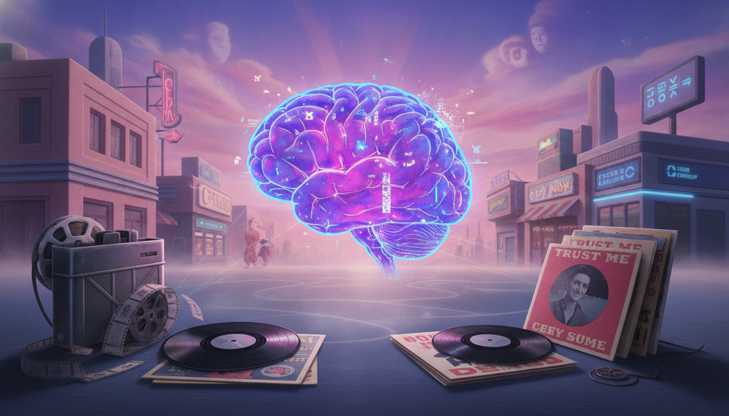 A visually striking illustration capturing the evolution of subliminal messages through time. In the foreground, feature an elegant compilation of historical artifacts such as vintage movie reels, vinyl records, and early advertising posters that subtly suggest hidden messages. In the middle, an ethereal representation of a brain, glowing in neon colors, interspersed with abstract visual cues symbolizing subliminal ideas. In the background, a dreamy, surreal landscape blending different decades, with a twilight sky filled with vibrant hues—deep blues transitioning to purples and pinks, casting soft shadows. The lighting should be ethereal, with a high-contrast effect that enhances the dreamlike atmosphere. The mood is both intriguing and slightly mysterious, reflecting the hidden yet powerful nature of subliminal messaging throughout history. A visually striking illustration capturing the evolution of subliminal messages through time. In the foreground, feature an elegant compilation of historical artifacts such as vintage movie reels, vinyl records, and early advertising posters that subtly suggest hidden messages. In the middle, an ethereal representation of a brain, glowing in neon colors, interspersed with abstract visual cues symbolizing subliminal ideas. In the background, a dreamy, surreal landscape blending different decades, with a twilight sky filled with vibrant hues—deep blues transitioning to purples and pinks, casting soft shadows. The lighting should be ethereal, with a high-contrast effect that enhances the dreamlike atmosphere. The mood is both intriguing and slightly mysterious, reflecting the hidden yet powerful nature of subliminal messaging throughout history.