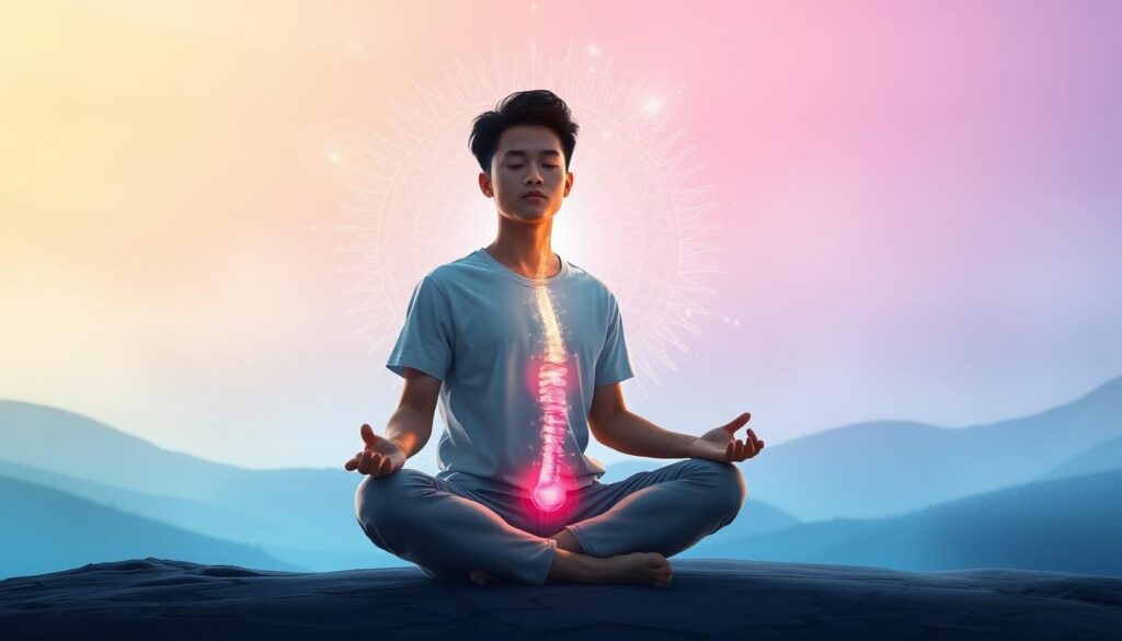 A visually striking illustration depicting the physical symptoms of kundalini awakening. In the foreground, a young adult of Asian descent sits in a meditative pose, wearing modest, modern casual clothing. Their body is subtly illuminated with glowing neon energy flowing through their spine, representing the kundalini rising. In the middle ground, abstract representations of energy waves and light particles surround the figure, suggesting intense sensations and vibrations during this transformative experience. The background is a dreamlike landscape with soft pastel colors fading into deeper blues and purples, creating a surreal atmosphere. The lighting is ethereal and radiant, highlighting the mood of awakening and discovery, capturing a sense of both intensity and serenity in the experience. A visually striking illustration depicting the physical symptoms of kundalini awakening. In the foreground, a young adult of Asian descent sits in a meditative pose, wearing modest, modern casual clothing. Their body is subtly illuminated with glowing neon energy flowing through their spine, representing the kundalini rising. In the middle ground, abstract representations of energy waves and light particles surround the figure, suggesting intense sensations and vibrations during this transformative experience. The background is a dreamlike landscape with soft pastel colors fading into deeper blues and purples, creating a surreal atmosphere. The lighting is ethereal and radiant, highlighting the mood of awakening and discovery, capturing a sense of both intensity and serenity in the experience.