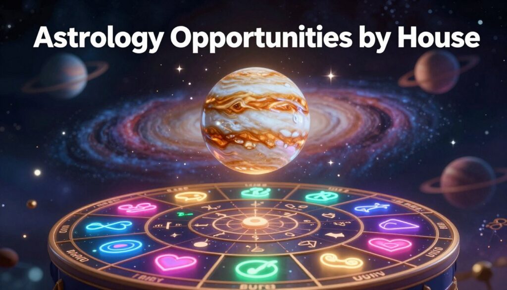 A visually striking illustration of "Astrology Opportunities by House," featuring a rich tapestry of astrological symbols and celestial elements. In the foreground, depict a zodiac wheel with the twelve houses highlighted, each glowing in vibrant neon colors that embody luck, love, growth, and success. The middle ground showcases ethereal representations of Jupiter, radiating warmth and inviting energy, surrounded by soft, twinkling stars. The background features a beautifully blurred cosmic landscape, with swirling galaxies and planets, enhancing the dreamlike atmosphere. The lighting is soft yet luminous, casting a gentle glow on the zodiac symbols, creating an enchanting ambiance. Aim for a high-end magazine advertisement style, evoking a sense of elegance and allure, perfect for an adult Gen Z audience.