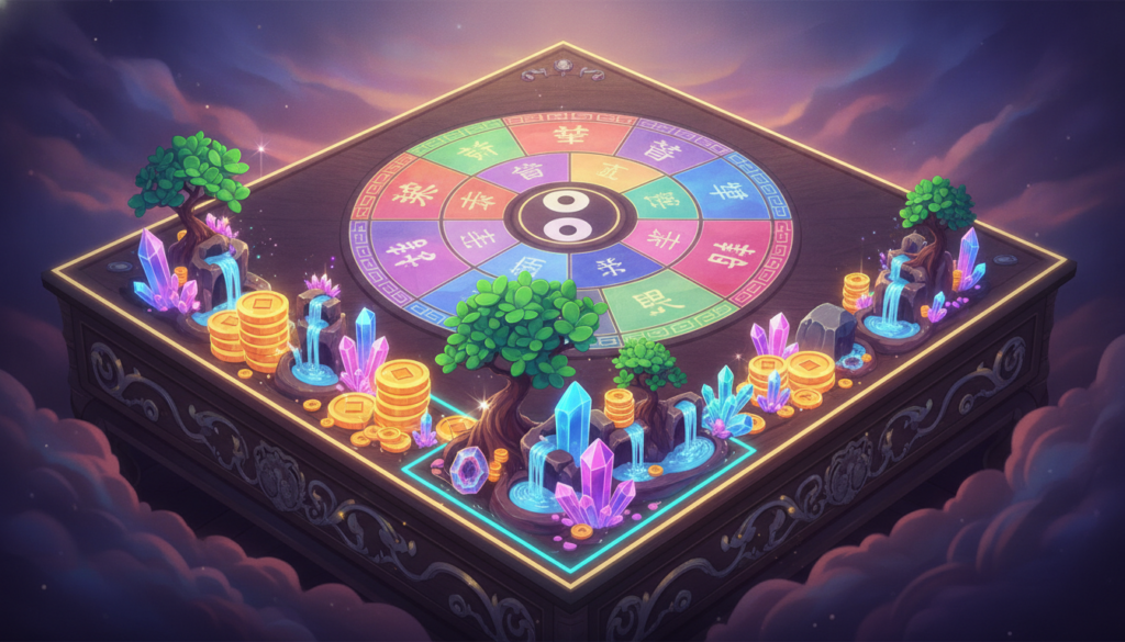 A visually striking illustration of a Bagua map highlighting the wealth corner, vibrant with dreamcore and neon colors. In the foreground, showcase a detailed rendition of the wealth corner section, adorned with lush symbols of abundance such as gold coins, green plants, and crystal accents. The middle ground features the overall Bagua map laid out on an ornate wooden surface, with intricate designs and a harmonious balance of colors. The background should have a soft gradient lighting effect, subtly illuminating the scene, creating a serene atmosphere that conveys prosperity and positive energy. The image should capture a high-end magazine advertisement aesthetic, appealing to an adult Gen Z audience. The angle should be slightly elevated, offering a dynamic view of the map, ensuring clarity and impact without any text or overlays. A visually striking illustration of a Bagua map highlighting the wealth corner, vibrant with dreamcore and neon colors. In the foreground, showcase a detailed rendition of the wealth corner section, adorned with lush symbols of abundance such as gold coins, green plants, and crystal accents. The middle ground features the overall Bagua map laid out on an ornate wooden surface, with intricate designs and a harmonious balance of colors. The background should have a soft gradient lighting effect, subtly illuminating the scene, creating a serene atmosphere that conveys prosperity and positive energy. The image should capture a high-end magazine advertisement aesthetic, appealing to an adult Gen Z audience. The angle should be slightly elevated, offering a dynamic view of the map, ensuring clarity and impact without any text or overlays.