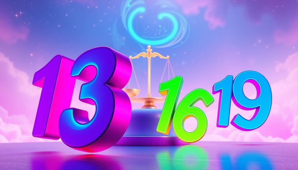 A visually striking illustration of karmic debt numbers in numerology. In the foreground, large, vibrant numbers representing karmic debts—such as 13, 14, 16, and 19—float dynamically, glowing in neon colors of electric blue, magenta, and lime green. The middle ground features an abstract representation of a cosmic scale or balance, symbolizing the weighing of karmic actions, with stars and swirling galaxies adding depth. The background is a dreamlike, ethereal landscape filled with soft pastel gradients, reminiscent of a digital dreamcore aesthetic. The overall mood is mystical yet serene, illuminated by soft, ambient lighting that casts gentle shadows, evoking a sense of introspection and balance. Use a dramatic lens angle to enhance the depth and perspective, capturing the complexity of numerology's themes.