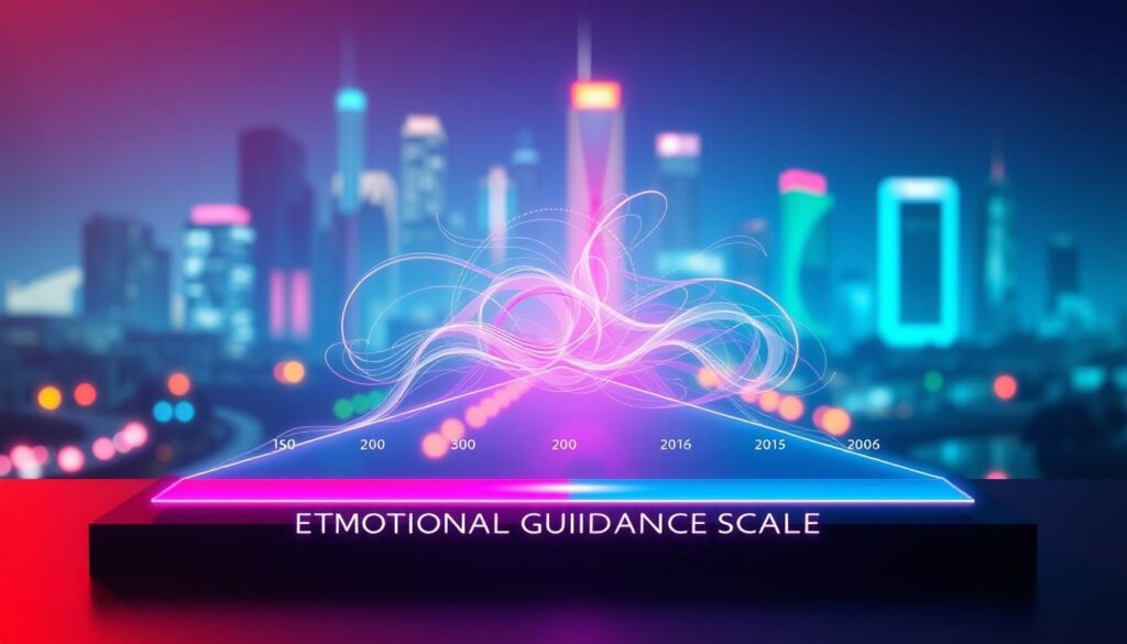 A visually striking illustration of the "Emotional Guidance Scale," designed in a dreamcore aesthetic with vibrant neon colors. In the foreground, a sleek, modern representation of the emotional scale, featuring a gradient of emotions from despair to joy, depicted in an abstract art style. The middle layer showcases ethereal, swirling patterns that symbolize the flow of emotional energy, enhancing the sense of movement and transition. In the background, a softly blurred cityscape illuminated by neon lights, adding depth and a contemporary feel. The lighting is soft yet colorful, casting a warm glow across the entire scene, evoking a sense of hope and positivity. The mood should be uplifting and inspiring, reflecting a transformative journey towards emotional relief, with no text or annotations.