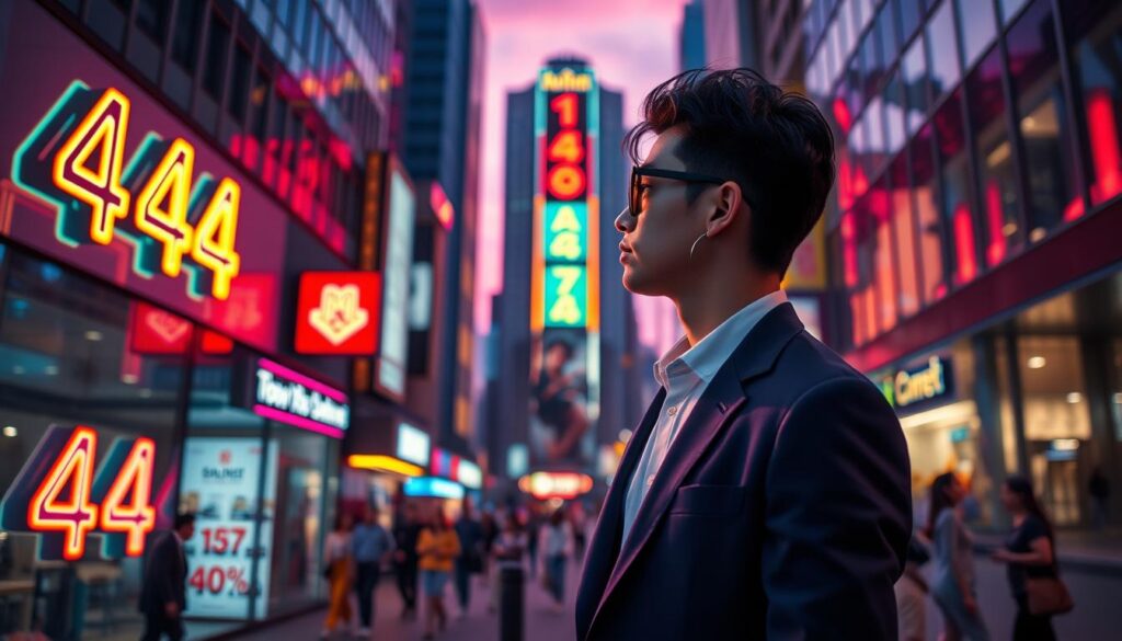 A visually striking image capturing the essence of "seeing 444 in daily life," set in an urban environment. In the foreground, a stylish adult Gen Z individual dressed in professional attire stands on a bustling city street, gazing thoughtfully at a neon-lit storefront displaying "444" in vibrant colors. The middle ground features a lively street scene with diverse people and modern architecture, all enhanced with dreamcore aesthetics. In the background, a twilight sky glows softly, transitioning from deep indigo to shades of purple and pink, creating an ethereal atmosphere. The lighting is dramatic, emphasizing the glow of the neon signs while casting gentle shadows. The entire composition evokes a sense of wonder, connection to the spiritual realm, and the comforting presence of protection. A visually striking image capturing the essence of "seeing 444 in daily life," set in an urban environment. In the foreground, a stylish adult Gen Z individual dressed in professional attire stands on a bustling city street, gazing thoughtfully at a neon-lit storefront displaying "444" in vibrant colors. The middle ground features a lively street scene with diverse people and modern architecture, all enhanced with dreamcore aesthetics. In the background, a twilight sky glows softly, transitioning from deep indigo to shades of purple and pink, creating an ethereal atmosphere. The lighting is dramatic, emphasizing the glow of the neon signs while casting gentle shadows. The entire composition evokes a sense of wonder, connection to the spiritual realm, and the comforting presence of protection.