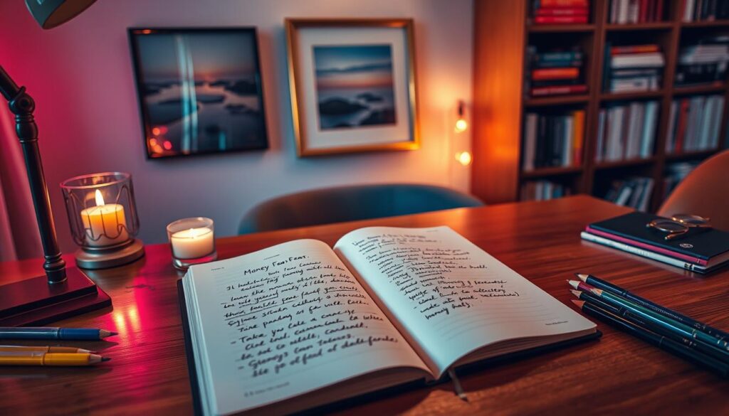 A visually striking image depicting a cozy workspace focused on "money fears journaling." In the foreground, an elegant, open journal with neatly written notes about money fears sits on a polished wooden desk, surrounded by scattered colorful pens, and a soft, glowing candle. In the middle ground, a framed photo of a serene landscape hangs on the wall, while a gently flickering neon light casts colorful reflections across the scene, enhancing the dreamlike atmosphere. The background features a stylish bookshelf filled with financial and self-help books. The setting is softly illuminated, creating an inviting and contemplative mood. The angle captures the workspace from slightly above, emphasizing the journal and its contents. Overall, the scene exudes a blend of introspection and vibrant creativity. A visually striking image depicting a cozy workspace focused on "money fears journaling." In the foreground, an elegant, open journal with neatly written notes about money fears sits on a polished wooden desk, surrounded by scattered colorful pens, and a soft, glowing candle. In the middle ground, a framed photo of a serene landscape hangs on the wall, while a gently flickering neon light casts colorful reflections across the scene, enhancing the dreamlike atmosphere. The background features a stylish bookshelf filled with financial and self-help books. The setting is softly illuminated, creating an inviting and contemplative mood. The angle captures the workspace from slightly above, emphasizing the journal and its contents. Overall, the scene exudes a blend of introspection and vibrant creativity.