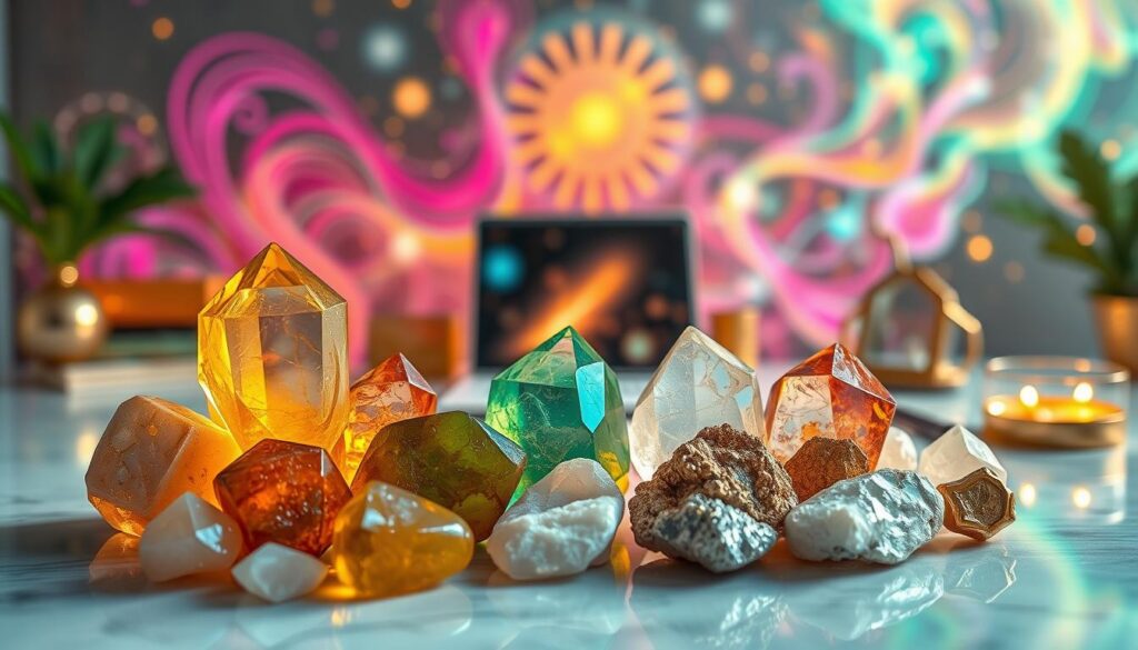 A visually striking image depicting an elegant arrangement of healing crystals known for attracting wealth. In the foreground, display vibrant crystals such as citrine, green aventurine, and pyrite, each glowing with intricate details and textures, reflecting a spectrum of colors. The middle ground features a softly illuminated workspace, adorned with delicate gold accents, symbolizing prosperity and success. In the background, a serene yet dynamic dreamcore aesthetic filled with swirling neon colors and abstract patterns creates an uplifting atmosphere. Use soft, diffused lighting to enhance the mood, as if sunlight filters through, highlighting the crystals. The camera angle should be slightly elevated, focusing on the arrangement and its harmonious connection to the theme of money goals, evoking feelings of ambition and tranquility without any text or distractions. A visually striking image depicting an elegant arrangement of healing crystals known for attracting wealth. In the foreground, display vibrant crystals such as citrine, green aventurine, and pyrite, each glowing with intricate details and textures, reflecting a spectrum of colors. The middle ground features a softly illuminated workspace, adorned with delicate gold accents, symbolizing prosperity and success. In the background, a serene yet dynamic dreamcore aesthetic filled with swirling neon colors and abstract patterns creates an uplifting atmosphere. Use soft, diffused lighting to enhance the mood, as if sunlight filters through, highlighting the crystals. The camera angle should be slightly elevated, focusing on the arrangement and its harmonious connection to the theme of money goals, evoking feelings of ambition and tranquility without any text or distractions.