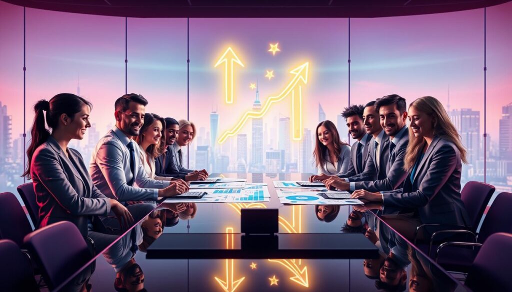 A visually striking image illustrating the concept of "law compensation and income growth." In the foreground, a diverse group of young adults in professional business attire, looking engaged and optimistic as they collaborate around a sleek, modern conference table filled with financial charts and graphs. In the middle ground, glowing neon-colored financial symbols and arrows, representing growth and prosperity, hover above the table, adding a dreamcore aesthetic. The background showcases a futuristic city skyline, bathed in soft pastel lighting, emphasizing innovation and ambition. A vibrant atmosphere flows through the scene, with reflections of the neon lights creating a dynamic and inspiring environment. The overall composition should exude professionalism and an air of excitement about future potential and financial success. A visually striking image illustrating the concept of "law compensation and income growth." In the foreground, a diverse group of young adults in professional business attire, looking engaged and optimistic as they collaborate around a sleek, modern conference table filled with financial charts and graphs. In the middle ground, glowing neon-colored financial symbols and arrows, representing growth and prosperity, hover above the table, adding a dreamcore aesthetic. The background showcases a futuristic city skyline, bathed in soft pastel lighting, emphasizing innovation and ambition. A vibrant atmosphere flows through the scene, with reflections of the neon lights creating a dynamic and inspiring environment. The overall composition should exude professionalism and an air of excitement about future potential and financial success.