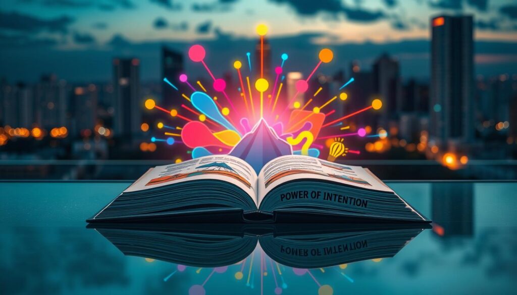 A visually striking image of an open book titled "Power of Intention," positioned prominently in the foreground on a sleek glass surface. The book’s pages flutter as if a gentle breeze is blowing, revealing vibrant illustrations of positive symbols like a mountain, a pathway, and lightbulbs, representing clarity and goal-setting. In the middle ground, colorful abstract shapes radiate outward, infused with neon colors to evoke energy and creativity. The background features a dreamy, illuminated cityscape at dusk, with soft glowing lights that convey a sense of possibility and aspiration. The lighting is soft and ethereal, creating a tranquil yet inspiring atmosphere that invites viewers to explore the power of intention. Use a shallow depth of field to emphasize the book, with a cinematic angle that draws the eye. A visually striking image of an open book titled "Power of Intention," positioned prominently in the foreground on a sleek glass surface. The book’s pages flutter as if a gentle breeze is blowing, revealing vibrant illustrations of positive symbols like a mountain, a pathway, and lightbulbs, representing clarity and goal-setting. In the middle ground, colorful abstract shapes radiate outward, infused with neon colors to evoke energy and creativity. The background features a dreamy, illuminated cityscape at dusk, with soft glowing lights that convey a sense of possibility and aspiration. The lighting is soft and ethereal, creating a tranquil yet inspiring atmosphere that invites viewers to explore the power of intention. Use a shallow depth of field to emphasize the book, with a cinematic angle that draws the eye.