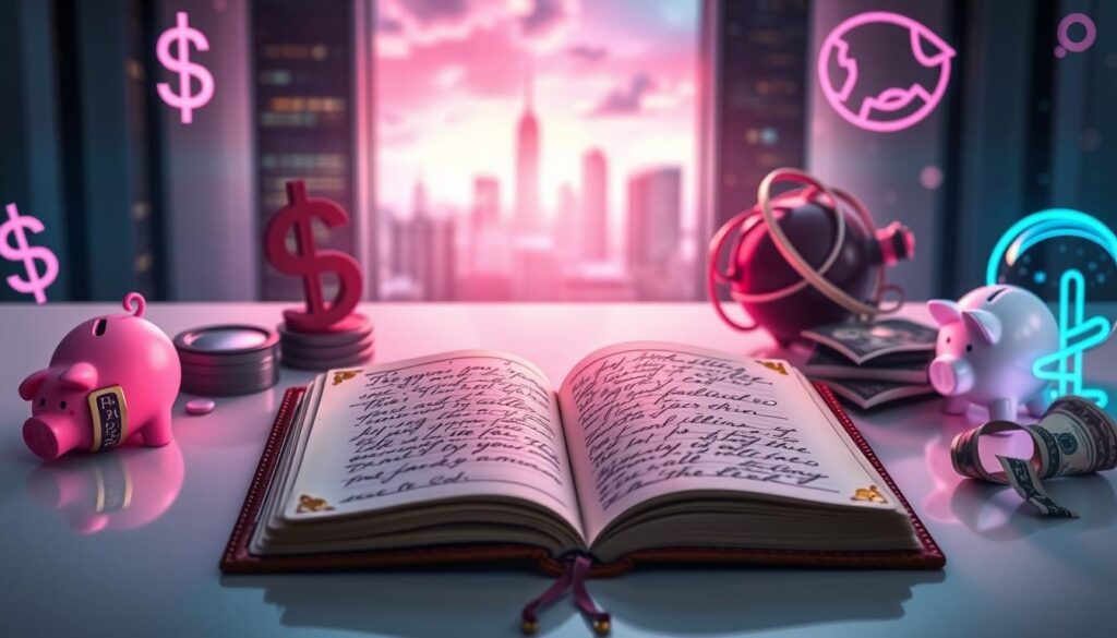 A visually striking journal laying open on a sleek, modern desk, surrounded by abstract representations of financial fears—shadows of dollar signs, broken piggy banks, and tangled dollar bills. The foreground features a high-quality leather-bound journal with gold accents and elegant, handwritten pages filled with notes. In the middle, soft neon colors like pink and blue glow gently, creating an ethereal atmosphere. The background includes a blurred cityscape with hints of dreamcore aesthetics, like swirling clouds and floating geometric shapes, enhancing the surreal feel. Soft, diffused lighting casts an inviting yet introspective mood, inviting viewers to explore the hidden beliefs behind their financial patterns. The image captures the essence of shadow work in a sophisticated and artistic way, aimed at an adult Gen Z audience seeking personal growth. A visually striking journal laying open on a sleek, modern desk, surrounded by abstract representations of financial fears—shadows of dollar signs, broken piggy banks, and tangled dollar bills. The foreground features a high-quality leather-bound journal with gold accents and elegant, handwritten pages filled with notes. In the middle, soft neon colors like pink and blue glow gently, creating an ethereal atmosphere. The background includes a blurred cityscape with hints of dreamcore aesthetics, like swirling clouds and floating geometric shapes, enhancing the surreal feel. Soft, diffused lighting casts an inviting yet introspective mood, inviting viewers to explore the hidden beliefs behind their financial patterns. The image captures the essence of shadow work in a sophisticated and artistic way, aimed at an adult Gen Z audience seeking personal growth.