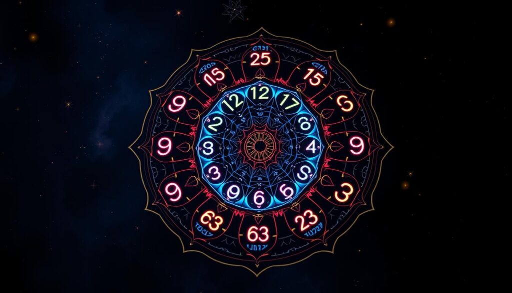 A visually striking karmic debt number numerology chart, prominently displayed in the foreground, featuring an intricate mandala design that symbolizes balance and numerology. The chart should include various numbers elegantly arranged, each adorned with vibrant neon colors against a dark, dreamlike background that evokes a sense of mysticism. In the middle ground, subtle cosmic elements like stars and galaxies merge seamlessly with abstract shapes, enhancing the spiritual atmosphere. Soft, ethereal lighting highlights the elements, creating depth and intrigue, while a high-angle perspective captures the entire composition beautifully. The mood is introspective, inviting viewers to explore their karmic journey. No text or symbols should be present, maintaining a clean and professional look suitable for a high-end magazine aesthetic.