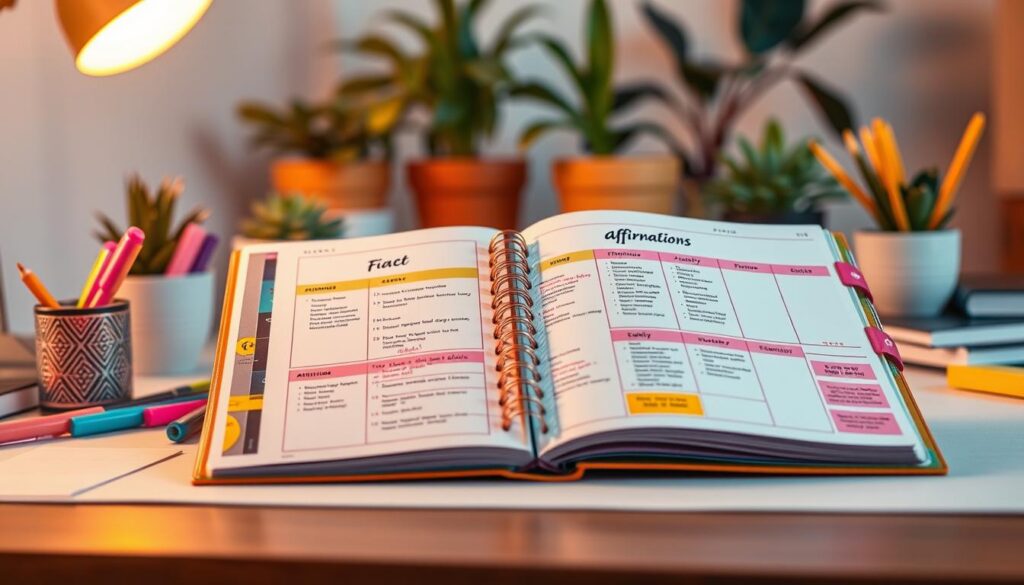 A visually striking layout of a manifestation planner, designed for a modern, stylish workspace. In the foreground, an open planner with detailed pages showing vibrant, colorful sections such as goal setting, affirmations, and daily manifestation tasks, all featuring neon accents and dreamcore aesthetics. The middle ground showcases neatly organized stationery items, like colorful pens and sticky notes, adding a dynamic touch. In the background, a softly blurred workspace setting, filled with plants and soft ambient lighting, creates a serene yet inspiring atmosphere. The overall mood conveys motivation and focus, appealing to an adult Gen Z audience, with high-end magazine advertisement quality. The lighting is warm and soft, enhancing the inviting environment. A visually striking layout of a manifestation planner, designed for a modern, stylish workspace. In the foreground, an open planner with detailed pages showing vibrant, colorful sections such as goal setting, affirmations, and daily manifestation tasks, all featuring neon accents and dreamcore aesthetics. The middle ground showcases neatly organized stationery items, like colorful pens and sticky notes, adding a dynamic touch. In the background, a softly blurred workspace setting, filled with plants and soft ambient lighting, creates a serene yet inspiring atmosphere. The overall mood conveys motivation and focus, appealing to an adult Gen Z audience, with high-end magazine advertisement quality. The lighting is warm and soft, enhancing the inviting environment.