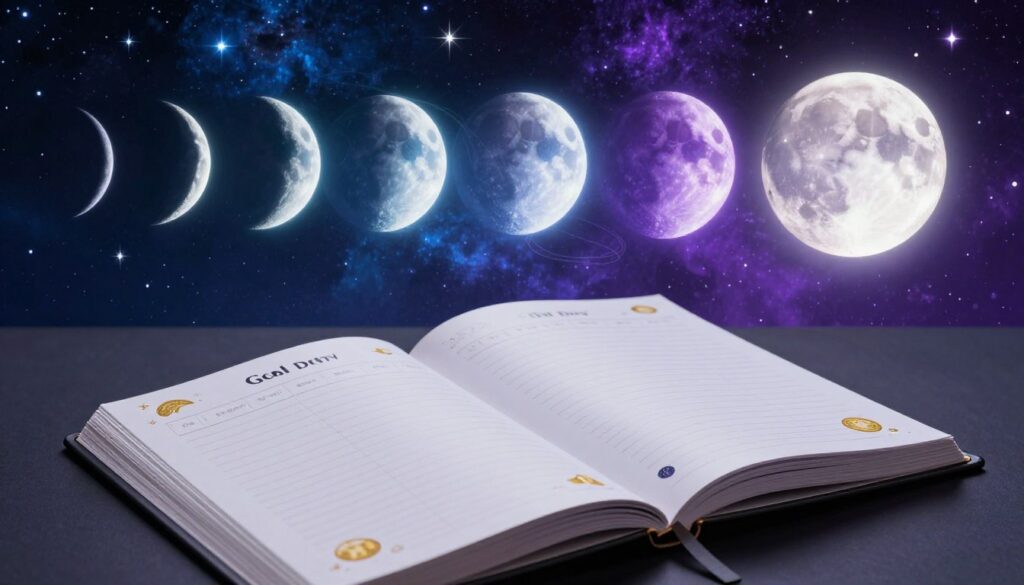 A visually striking lunar goal planning guide set against a cosmic backdrop showcasing various moon phases in vibrant neon colors. In the foreground, a sleek, modern planner lies open with meticulously organized sections for goal tracking, embellished with celestial motifs and golden symbols representing abundance. The middle ground features floating illustrations of the moon in its different phases, transitioning smoothly from new moon to full moon, interspersed with ethereal stars and gentle light swirls. The background reveals a dreamy night sky illuminated with shimmering galaxies and a gradient blend of rich blues and purples. The atmosphere is enchanting yet focused, suggesting clarity and intention. The lighting is soft and ambient, capturing a high-end magazine advertisement aesthetic tailored for a professional audience. A visually striking lunar goal planning guide set against a cosmic backdrop showcasing various moon phases in vibrant neon colors. In the foreground, a sleek, modern planner lies open with meticulously organized sections for goal tracking, embellished with celestial motifs and golden symbols representing abundance. The middle ground features floating illustrations of the moon in its different phases, transitioning smoothly from new moon to full moon, interspersed with ethereal stars and gentle light swirls. The background reveals a dreamy night sky illuminated with shimmering galaxies and a gradient blend of rich blues and purples. The atmosphere is enchanting yet focused, suggesting clarity and intention. The lighting is soft and ambient, capturing a high-end magazine advertisement aesthetic tailored for a professional audience.