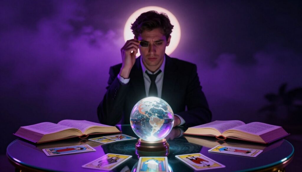 A visually striking manifestation decision guide centered around the theme of caution during eclipse season. In the foreground, a glowing crystal ball sits on an elegant glass table, surrounded by open mystical books and scattered tarot cards, all illuminated by ethereal neon colors. The middle ground features a shadowy figure, dressed in professional attire, engaged in deep contemplation, with an expression of concern on their face. In the background, a dark sky transitions from vibrant purple to deep black as an eclipse occurs, casting a mysterious aura over the scene. The atmosphere should evoke a sense of unease and caution, reminiscent of a high-end magazine advertisement, capturing the attention of the adult Gen Z demographic. The lighting should create a moody, dream-like ambiance, with soft glows highlighting key elements.