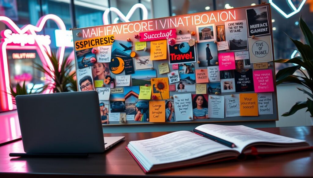 A visually striking manifestation vision board with vibrant dreamcore aesthetics, displaying a collage of images and phrases symbolizing aspirations like travel, success, and creativity. In the foreground, a beautifully arranged board featuring pins, colorful sticky notes, and inspirational quotes illuminated by soft neon lighting. The middle ground showcases a stylish, modern workspace with a laptop and an open notebook filled with sketches and ideas. The background is a softly blurred urban setting with abstract neon shapes, evoking a sense of limitless possibilities. Capture the scene with a slight overhead angle to provide a sense of depth. The mood is motivational and inspiring, perfect for an adult Gen Z audience seeking growth and realization of dreams.