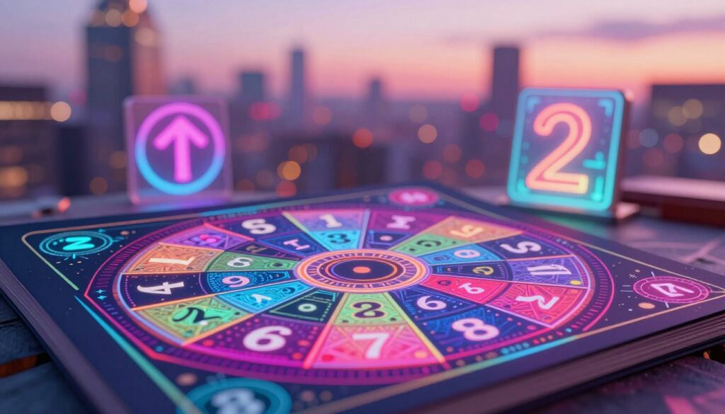 A visually striking master number chart depicted in a high-end magazine advertisement style, featuring a modern design with neon colors. The foreground showcases the master number chart, with clear, bold numerals surrounded by vibrant geometric patterns that evoke a sense of energy and mystique. In the middle ground, abstract representations of numerology symbols frame the chart, enhancing its significance. The background is a blurred cityscape at dusk with a dreamy, ethereal glow that complements the neon colors, creating a captivated atmosphere. Soft, diffused lighting casts an inviting warmth, while a slight tilt in perspective adds depth to the composition. The overall mood reflects curiosity and inspiration, perfect for engaging the adult Gen Z audience interested in personal growth through numerology. A visually striking master number chart depicted in a high-end magazine advertisement style, featuring a modern design with neon colors. The foreground showcases the master number chart, with clear, bold numerals surrounded by vibrant geometric patterns that evoke a sense of energy and mystique. In the middle ground, abstract representations of numerology symbols frame the chart, enhancing its significance. The background is a blurred cityscape at dusk with a dreamy, ethereal glow that complements the neon colors, creating a captivated atmosphere. Soft, diffused lighting casts an inviting warmth, while a slight tilt in perspective adds depth to the composition. The overall mood reflects curiosity and inspiration, perfect for engaging the adult Gen Z audience interested in personal growth through numerology.