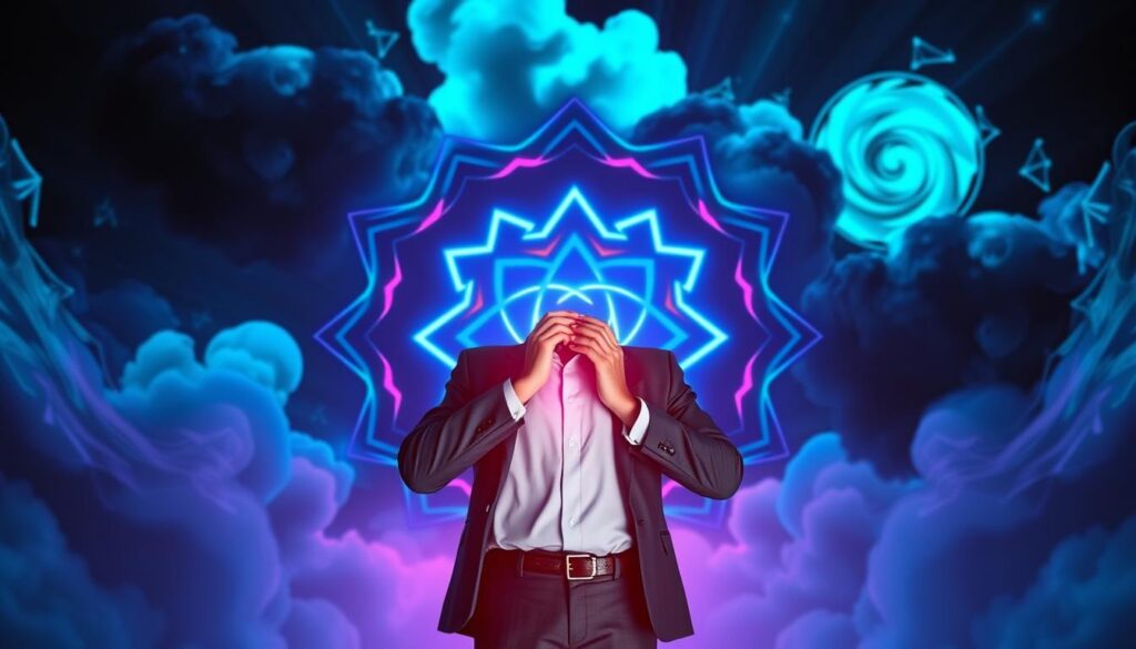 A visually striking representation of a blocked throat chakra, focusing on the energy flow and signs of blockage. In the foreground, a stylized figure in professional business attire stands with hands on their throat, expressing frustration. The middle layer features vivid representations of the throat chakra symbol in deep blue and turquoise hues, surrounded by dark, swirling clouds symbolizing blockage. In the background, abstract neon patterns and dreamcore elements illuminate the scene, creating a surreal and ethereal atmosphere. The lighting is dramatic, casting contrasting shadows that enhance the mood of tension and aspiration for clarity. Use a soft-focus lens effect to evoke a sense of calm amidst chaos, appealing to a high-end magazine advertisement aesthetic for an adult Gen Z audience. A visually striking representation of a blocked throat chakra, focusing on the energy flow and signs of blockage. In the foreground, a stylized figure in professional business attire stands with hands on their throat, expressing frustration. The middle layer features vivid representations of the throat chakra symbol in deep blue and turquoise hues, surrounded by dark, swirling clouds symbolizing blockage. In the background, abstract neon patterns and dreamcore elements illuminate the scene, creating a surreal and ethereal atmosphere. The lighting is dramatic, casting contrasting shadows that enhance the mood of tension and aspiration for clarity. Use a soft-focus lens effect to evoke a sense of calm amidst chaos, appealing to a high-end magazine advertisement aesthetic for an adult Gen Z audience.