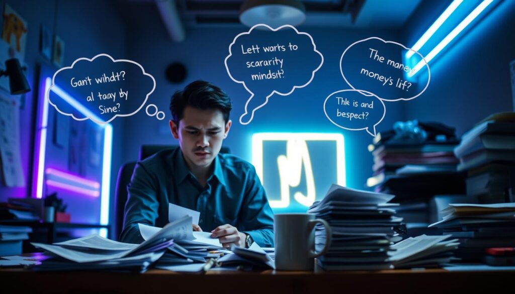 A visually striking representation of a person sitting at a cluttered desk, embodying the concept of a scarcity mindset. The foreground captures an adult Gen Z individual in professional attire, with a stressed expression, surrounded by papers, bills, and an overflowing coffee cup. In the middle ground, a shadowy outline of thought bubbles manifesting negative thoughts and worries about money and time, illustrated in soft neon colors. The background features a dimly lit room with contrasting bright neon lights creating an ethereal, dreamlike quality. The overall mood is tense and introspective, conveying the overwhelming weight of stress and limiting beliefs. The composition employs a shallow depth of field, focusing sharply on the subject while blurring the chaotic surroundings, emphasizing the internal battle against anxiety and scarcity. A visually striking representation of a person sitting at a cluttered desk, embodying the concept of a scarcity mindset. The foreground captures an adult Gen Z individual in professional attire, with a stressed expression, surrounded by papers, bills, and an overflowing coffee cup. In the middle ground, a shadowy outline of thought bubbles manifesting negative thoughts and worries about money and time, illustrated in soft neon colors. The background features a dimly lit room with contrasting bright neon lights creating an ethereal, dreamlike quality. The overall mood is tense and introspective, conveying the overwhelming weight of stress and limiting beliefs. The composition employs a shallow depth of field, focusing sharply on the subject while blurring the chaotic surroundings, emphasizing the internal battle against anxiety and scarcity.