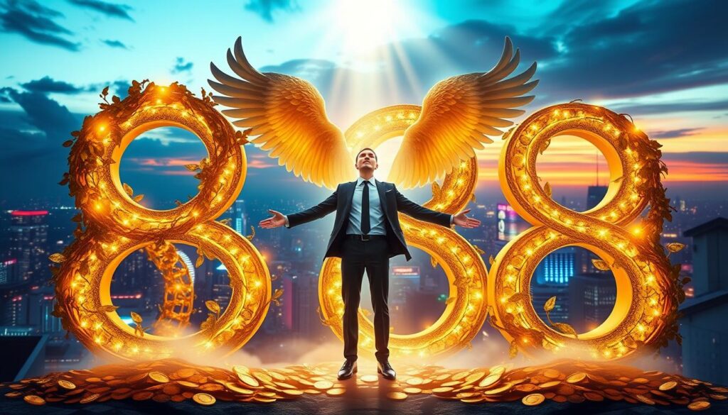A visually striking representation of angel number 888, symbolizing extreme financial abundance, in a dreamcore style. The foreground features the number '888' elegantly intertwined with lush golden vines and shimmering coins, radiating a warm glow. In the middle, a serene figure dressed in professional business attire stands confidently, arms open, embodying openness to abundance. The background showcases a vibrant cityscape at twilight with neon colors illuminating the sky, symbolizing wealth and prosperity. Ethereal light streams down from above, casting a soft glow over the scene. The atmosphere is uplifting and hopeful, inviting viewers to embrace their life path towards financial success. The composition is balanced, with high contrast between the luminous elements and the darkening city backdrop, creating a sense of depth and promise. A visually striking representation of angel number 888, symbolizing extreme financial abundance, in a dreamcore style. The foreground features the number '888' elegantly intertwined with lush golden vines and shimmering coins, radiating a warm glow. In the middle, a serene figure dressed in professional business attire stands confidently, arms open, embodying openness to abundance. The background showcases a vibrant cityscape at twilight with neon colors illuminating the sky, symbolizing wealth and prosperity. Ethereal light streams down from above, casting a soft glow over the scene. The atmosphere is uplifting and hopeful, inviting viewers to embrace their life path towards financial success. The composition is balanced, with high contrast between the luminous elements and the darkening city backdrop, creating a sense of depth and promise.
