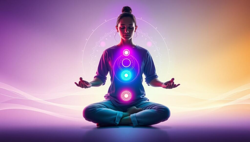 A visually striking representation of chakra balancing energy centers. In the foreground, a serene figure dressed in modest casual clothing sits cross-legged, exuding calmness and balance, with soft glowing orbs of light aligned along the body's chakra points. The middle layer features an ethereal glow surrounding each energy center, infused with vibrant neon colors like purples, blues, and greens, reflecting the healing energies. The background showcases a dreamy, abstract landscape with soft waves of light and geometric shapes, enhancing the mystical atmosphere. The lighting is soft yet radiant, giving a sense of tranquility and enlightenment. The composition should have a high-end magazine advertisement feel, evoking a harmonious and uplifting mood. A visually striking representation of chakra balancing energy centers. In the foreground, a serene figure dressed in modest casual clothing sits cross-legged, exuding calmness and balance, with soft glowing orbs of light aligned along the body's chakra points. The middle layer features an ethereal glow surrounding each energy center, infused with vibrant neon colors like purples, blues, and greens, reflecting the healing energies. The background showcases a dreamy, abstract landscape with soft waves of light and geometric shapes, enhancing the mystical atmosphere. The lighting is soft yet radiant, giving a sense of tranquility and enlightenment. The composition should have a high-end magazine advertisement feel, evoking a harmonious and uplifting mood.