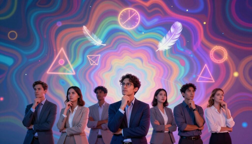 A visually striking representation of common signs and patterns of synchronicity, featuring a kaleidoscope of neon colors that symbolize interconnectedness. In the foreground, a diverse group of adults in professional business attire are engaged in thought, surrounded by floating geometric shapes, such as circles and triangles, illustrating the concept of alignment in space. In the middle ground, ethereal symbols like clocks, feathers, and butterflies subtly emerge, signifying moments of serendipity. The background is a dreamlike blend of vivid colors and abstract patterns reminiscent of digital art, conveying an atmosphere of wonder and curiosity. Utilize soft, diffused lighting to create a surreal feel, shot from a slightly low angle, capturing the essence of exploration and discovery in synchronicity. No text or watermarks are present.