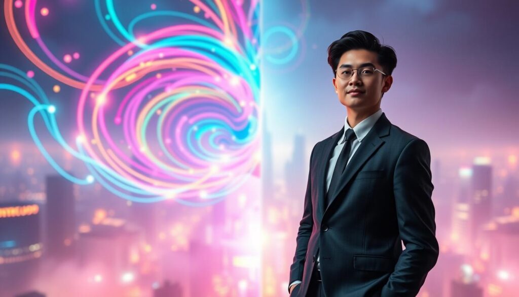 A visually striking representation of "inner and outer intention," featuring a split scene to illustrate the concepts. In the foreground, a confident adult Gen Z individual in professional business attire, standing tall, embodies inner intention with a determined expression. The middle ground showcases a swirling blend of neon colors, symbolizing thoughts and desires, with luminous energy lines connecting the individual to various paths. In the background, an ethereal cityscape glows in soft pastels, representing outer intention and the vast possibilities of reality. The lighting is dreamy and atmospheric, with soft glows illuminating the scene from multiple angles, creating a mystical and inspiring mood, reminiscent of a high-end magazine advertisement.