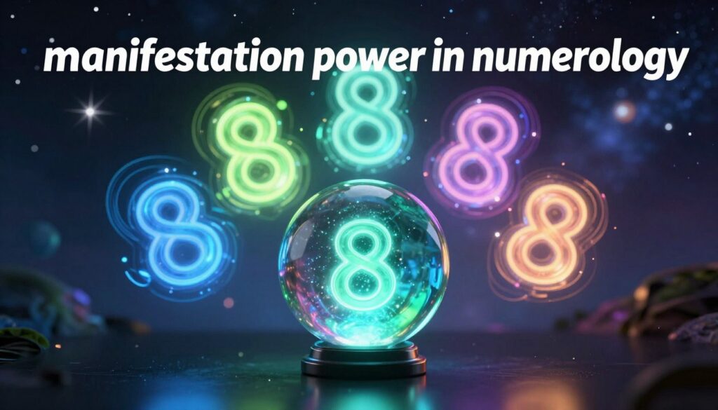 A visually striking representation of "manifestation power in numerology," focused on Life Path Number 8. In the foreground, a polished crystal ball glowing with neon blue and green hues rests on a sleek, reflective black surface, symbolizing clarity and focus in manifestation. In the middle ground, swirling, ethereal numbers 8 in vibrant neon colors dance around the crystal, emanating energy and a sense of flow. The background features a dreamcore-inspired, softly blurred cosmic landscape, filled with twinkling stars and abstract shapes. Soft, diffused lighting casts an ethereal glow across the scene, enhancing the mystical atmosphere. Capture this in a high-resolution magazine advertisement style, aiming for a modern, aspirational feel that resonates with adult Gen Z. Ensure the composition is balanced and visually captivating, evoking a sense of empowerment and potential. A visually striking representation of "manifestation power in numerology," focused on Life Path Number 8. In the foreground, a polished crystal ball glowing with neon blue and green hues rests on a sleek, reflective black surface, symbolizing clarity and focus in manifestation. In the middle ground, swirling, ethereal numbers 8 in vibrant neon colors dance around the crystal, emanating energy and a sense of flow. The background features a dreamcore-inspired, softly blurred cosmic landscape, filled with twinkling stars and abstract shapes. Soft, diffused lighting casts an ethereal glow across the scene, enhancing the mystical atmosphere. Capture this in a high-resolution magazine advertisement style, aiming for a modern, aspirational feel that resonates with adult Gen Z. Ensure the composition is balanced and visually captivating, evoking a sense of empowerment and potential.