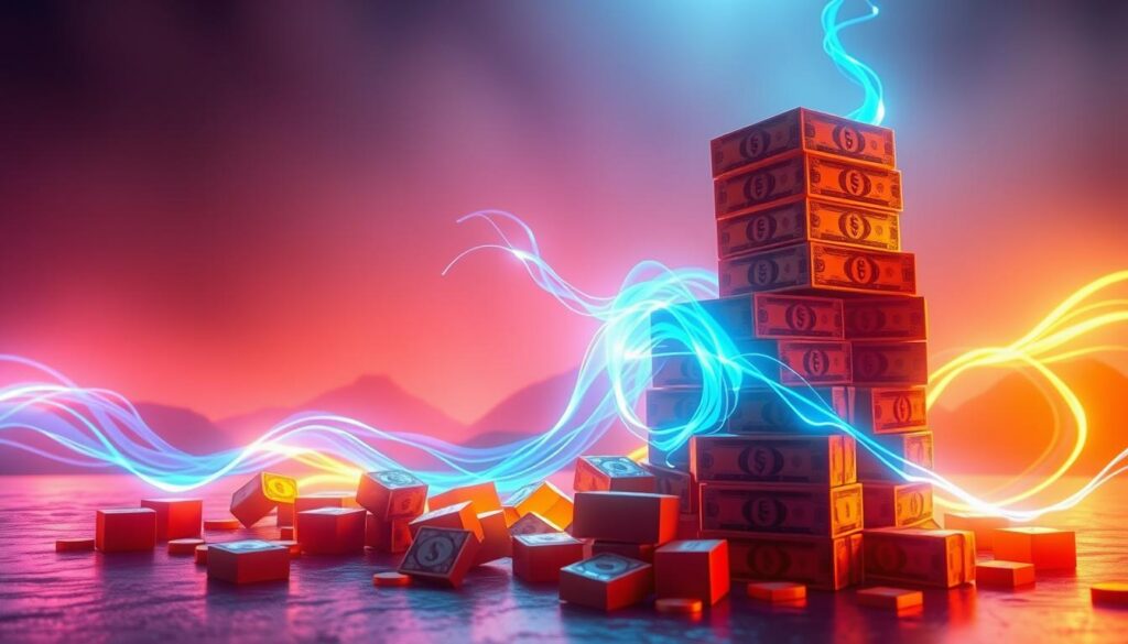 A visually striking representation of "money blocks and energy patterns" set in a Dreamcore aesthetic. In the foreground, there are vibrant, neon-colored blocks symbolizing currency, stacked chaotically to depict obstacles and challenges related to wealth. In the middle ground, swirling energy patterns in shades of electric blue and radiant gold flow around the blocks, illustrating the dynamic interplay between energy and financial abundance. The background features an abstract, ethereal landscape with soft gradients blending from dark to light, suggesting a transition from struggle to flow. Soft, ambient lighting enhances the scene, casting glows on the blocks and energy waves for a surreal yet captivating atmosphere. The image is composed with a slight upward angle, inviting the viewer to explore the transformation theme, evoking a sense of hope and potential.