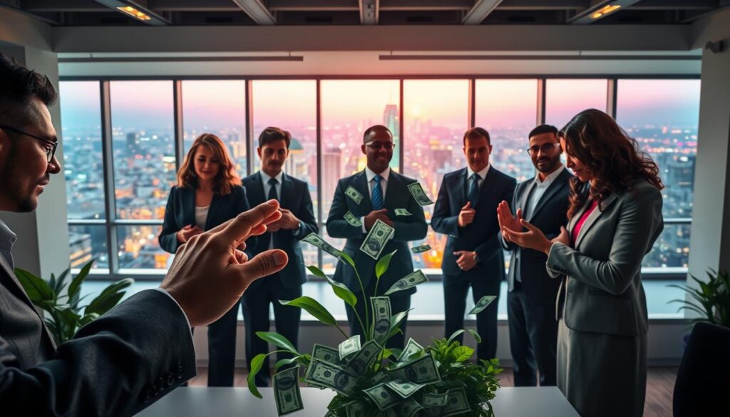 A visually striking representation of "money mindset and abundance," featuring a diverse group of adults in professional business attire, engaged in EFT tapping in a bright, modern office space. In the foreground, include hands tapping specific points on the body, showcasing focus and intention. The middle ground should depict symbols of wealth, like flowing dollar bills and lush greenery, symbolizing growth and abundance. The background features large windows with a panoramic view of a vibrant cityscape bathed in neon colors, emphasizing prosperity. Utilize soft, diffused lighting to create an uplifting, serene atmosphere, capturing an inspiring mood. The composition should highlight the transformative energy of financial freedom, aimed at a young adult Gen Z audience, evoking feelings of hope and potential.