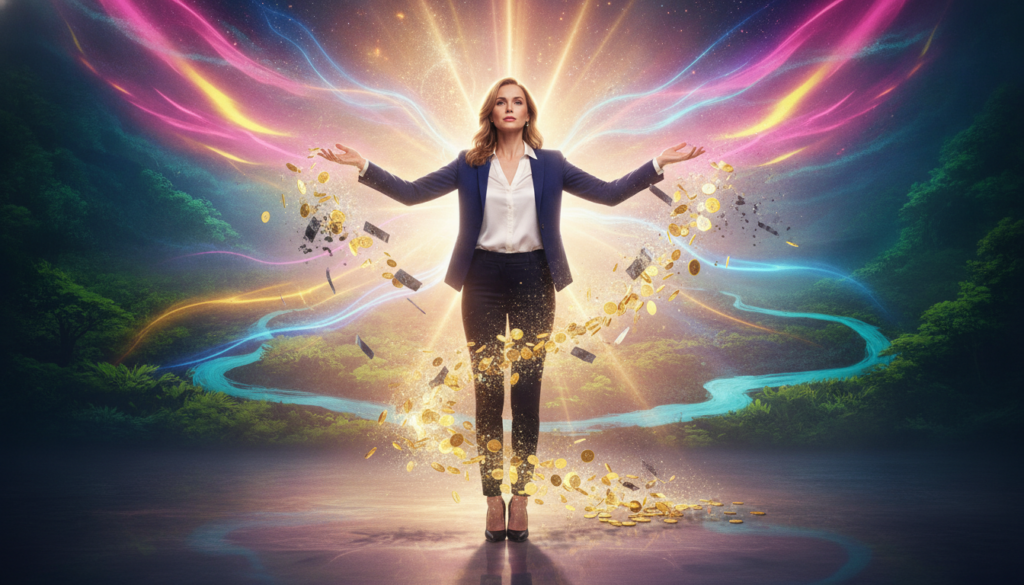 A visually striking representation of "money resistance and abundance." In the foreground, a confident young Caucasian woman in professional business attire stands with outstretched arms as if releasing a flow of golden coins and bills, symbolizing abundance. The middle ground features a radiant, ethereal glow around her, signifying the shift from resistance to abundance. In the background, a dreamlike landscape of soft, swirling neon colors conveys a sense of limitless potential, with hints of lush greenery and flowing water reflecting prosperity. The lighting is dramatic and vibrant, creating a high-end magazine advertisement feel. The overall mood is empowering and uplifting, encapsulating the transformation from scarcity to wealth. A visually striking representation of "money resistance and abundance." In the foreground, a confident young Caucasian woman in professional business attire stands with outstretched arms as if releasing a flow of golden coins and bills, symbolizing abundance. The middle ground features a radiant, ethereal glow around her, signifying the shift from resistance to abundance. In the background, a dreamlike landscape of soft, swirling neon colors conveys a sense of limitless potential, with hints of lush greenery and flowing water reflecting prosperity. The lighting is dramatic and vibrant, creating a high-end magazine advertisement feel. The overall mood is empowering and uplifting, encapsulating the transformation from scarcity to wealth.
