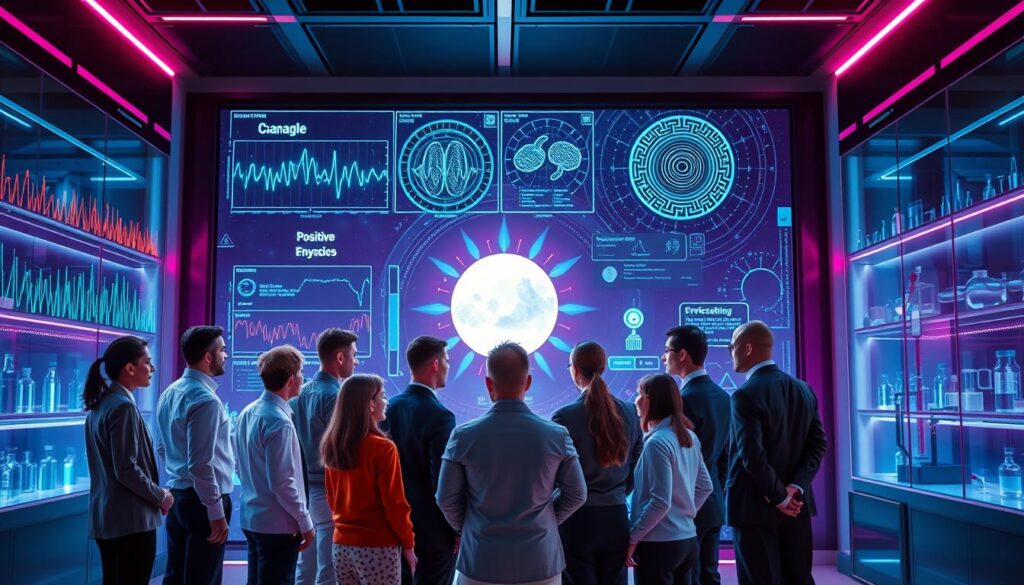 A visually striking representation of scientific evidence supporting the law of attraction, featuring a futuristic laboratory with bright neon colors and a dreamcore aesthetic. In the foreground, a diverse group of adults in professional business attire gathers around a high-tech digital display showcasing graphs, brainwaves, and quantum physics diagrams. The middle layer includes a glowing orb or crystal representing positive energy, surrounded by swirling particles of light. The background reveals sleek laboratory equipment and a window displaying a starry night sky, adding depth and wonder to the scene. The atmosphere is vibrant and intellectually stimulating, with focused lighting that highlights the group's engagement and curiosity about the science behind attraction. The composition should be dynamic, emphasizing the interplay between science and metaphysical concepts.