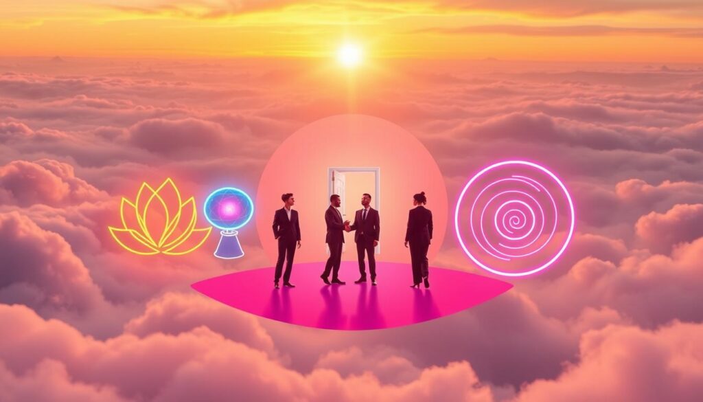 A visually striking representation of the five stages of spiritual awakening, organized in a circular composition. In the foreground, abstract symbols for each stage, like a blooming lotus, a glowing orb, a reflective mirror, an open door, and an infinite spiral, crafted in vibrant neon colors. The middle layer features ethereal figures of diverse individuals in professional business attire, calmly navigating through the symbols, reflecting introspection and growth. The background is a dreamlike landscape with soft, swirling clouds and gentle light rays emanating from the horizon, creating an enchanting atmosphere. The lighting should be vibrant yet soft, giving a sense of enlightenment, while the angle captures an immersive view as if inviting the viewer into a transformative journey. The overall mood is serene, encouraging a feeling of awakening and self-discovery.