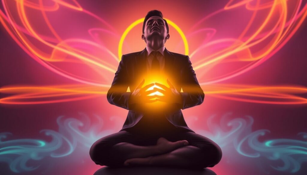 A visually striking representation of the upper abdomen energy center, focusing on the Solar Plexus Chakra. In the foreground, a radiant, glowing yellow orb symbolizes the chakra's vibrant energy, emanating warmth and confidence. In the middle ground, a silhouette of a person dressed in professional business attire stands poised, hands gently resting on their abdomen, eyes closed, embodying a sense of inner strength and serenity. The background features soft, dreamlike patterns in neon colors, swirling and flowing gently to suggest movement and vitality, evoking a sense of empowerment. A soft, ethereal lighting creates a harmonious atmosphere, enhancing the sense of spiritual connection and tranquility, shot from a slightly low angle to emphasize the majesty of the energy center. A visually striking representation of the upper abdomen energy center, focusing on the Solar Plexus Chakra. In the foreground, a radiant, glowing yellow orb symbolizes the chakra's vibrant energy, emanating warmth and confidence. In the middle ground, a silhouette of a person dressed in professional business attire stands poised, hands gently resting on their abdomen, eyes closed, embodying a sense of inner strength and serenity. The background features soft, dreamlike patterns in neon colors, swirling and flowing gently to suggest movement and vitality, evoking a sense of empowerment. A soft, ethereal lighting creates a harmonious atmosphere, enhancing the sense of spiritual connection and tranquility, shot from a slightly low angle to emphasize the majesty of the energy center.