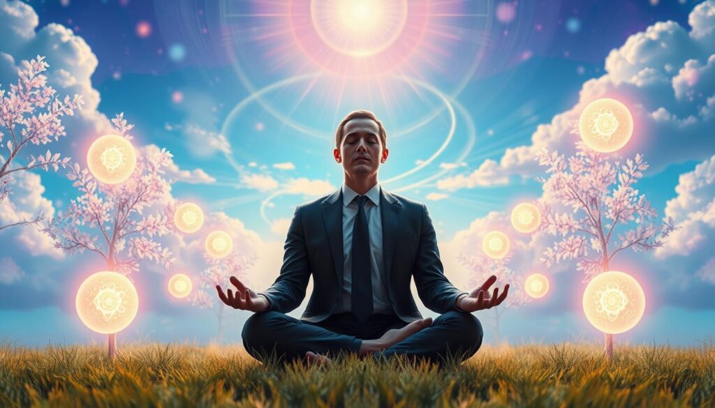 A visually striking resource collection guide illustrating meditation practices, set in a surreal dreamcore landscape. In the foreground, a serene figure in professional attire meditates, surrounded by glowing, neon-colored orbs representing different meditation techniques. The middle layer features ethereal trees with shimmering leaves, while the background showcases a vibrant sky filled with abstract patterns and soft clouds, enhancing the dreamlike atmosphere. Use dynamic lighting to create a radiant glow around the meditating figure, emphasizing tranquility and focus. Capture this scene from a slightly elevated angle to provide depth and perspective, creating an inviting and immersive experience for viewers in an adult Gen Z aesthetic. The overall mood should be uplifting, inspiring, and conducive to mindfulness.