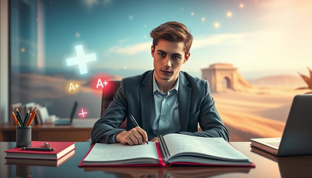 A visually striking scene depicting a young adult with a focused expression, dressed in smart casual attire, sitting at a stylish, modern desk. The foreground features vibrant neon-colored study materials and floating symbols of academic success, like A+ grades, glowing around the individual. The middle ground includes an open notebook with sketches representing positive affirmations and dreams of success. In the background, a softly blurred, dreamy landscape with abstract shapes and colors evokes a sense of aspiration and positivity, illuminated by soft, ethereal lighting. The overall mood is motivational and inspiring, capturing the essence of manifesting good grades in a visually appealing, dreamlike atmosphere. The composition should reflect high-end magazine aesthetics, with a balanced focus on both the subject and the symbolic elements in a harmonious, artful arrangement. A visually striking scene depicting a young adult with a focused expression, dressed in smart casual attire, sitting at a stylish, modern desk. The foreground features vibrant neon-colored study materials and floating symbols of academic success, like A+ grades, glowing around the individual. The middle ground includes an open notebook with sketches representing positive affirmations and dreams of success. In the background, a softly blurred, dreamy landscape with abstract shapes and colors evokes a sense of aspiration and positivity, illuminated by soft, ethereal lighting. The overall mood is motivational and inspiring, capturing the essence of manifesting good grades in a visually appealing, dreamlike atmosphere. The composition should reflect high-end magazine aesthetics, with a balanced focus on both the subject and the symbolic elements in a harmonious, artful arrangement.