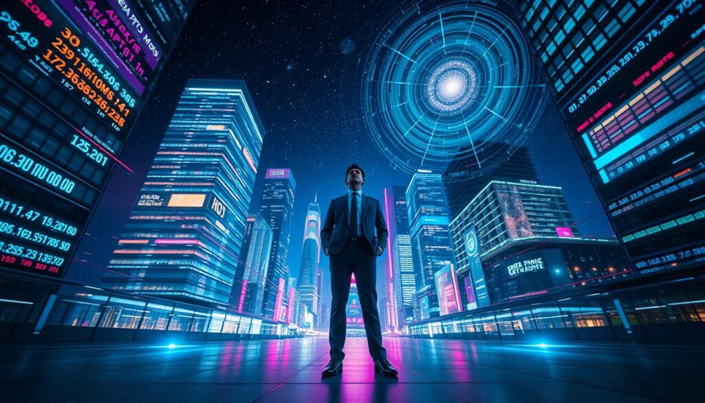 A visually striking scene depicting the concept of "Reference Frame Motion," set in a futuristic cityscape. In the foreground, a professional individual in business attire stands confidently, observing data holograms that dynamically shift around them, reflecting various perspectives and measurements. The middle ground features sleek glass skyscrapers illuminated by vibrant neon colors, with digital displays showcasing fluctuating metrics. In the background, a starry night sky with swirling galaxies emphasizes the vastness of the universe, hinting at relativity. The scene is lit with a blend of cool blues and warm purples, creating an ethereal, dreamlike atmosphere. The perspective should evoke a sense of wonder and insight, captured from a low-angle view to highlight both the individual and the towering architecture, conveying the idea that perspective shapes reality.