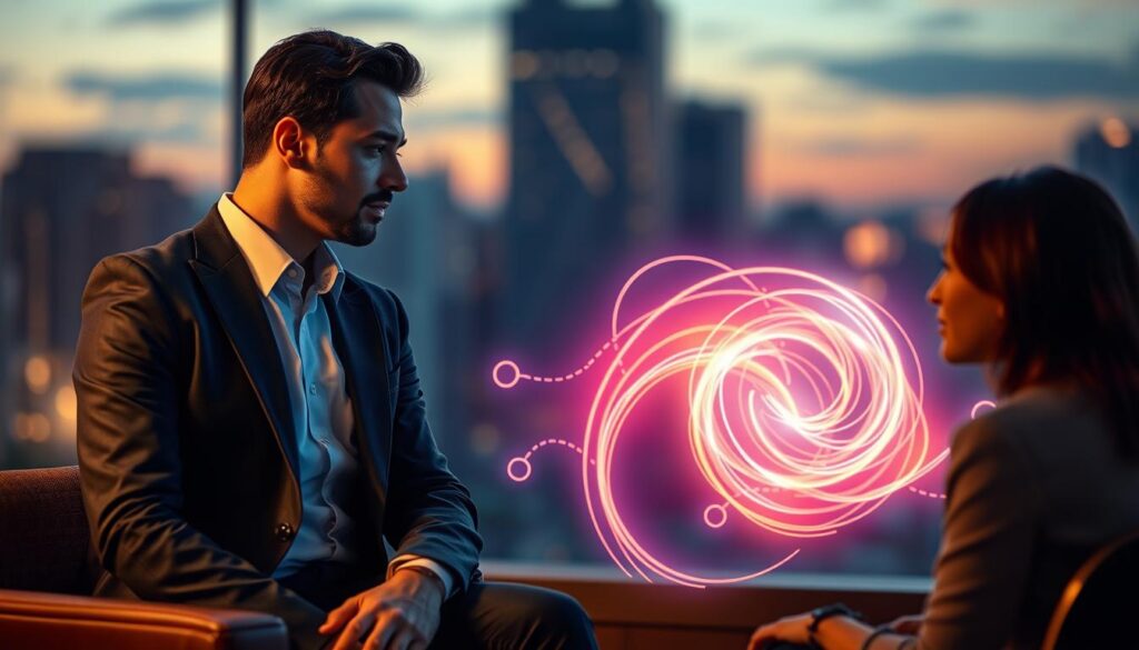 A visually striking scene depicting the concept of psychological influence through the "whisper method." In the foreground, a confident individual dressed in stylish, professional attire leans forward slightly, whispering to another person seated nearby, their attentive expression reflecting curiosity and intrigue. The middle ground features a softly glowing, abstract representation of swirling thoughts and emotions, crafted in vibrant neon colors that create a dreamlike, surreal atmosphere. In the background, a blurred cityscape at twilight hints at modernity and connection, with softly illuminated buildings casting an ethereal glow. The lighting is warm and inviting, evoking a sense of intimacy and trust. Wide-angle lens perspective enhances the depth of the scene, suggesting a world where subtle persuasion creates powerful emotional bonds. A visually striking scene depicting the concept of psychological influence through the "whisper method." In the foreground, a confident individual dressed in stylish, professional attire leans forward slightly, whispering to another person seated nearby, their attentive expression reflecting curiosity and intrigue. The middle ground features a softly glowing, abstract representation of swirling thoughts and emotions, crafted in vibrant neon colors that create a dreamlike, surreal atmosphere. In the background, a blurred cityscape at twilight hints at modernity and connection, with softly illuminated buildings casting an ethereal glow. The lighting is warm and inviting, evoking a sense of intimacy and trust. Wide-angle lens perspective enhances the depth of the scene, suggesting a world where subtle persuasion creates powerful emotional bonds.