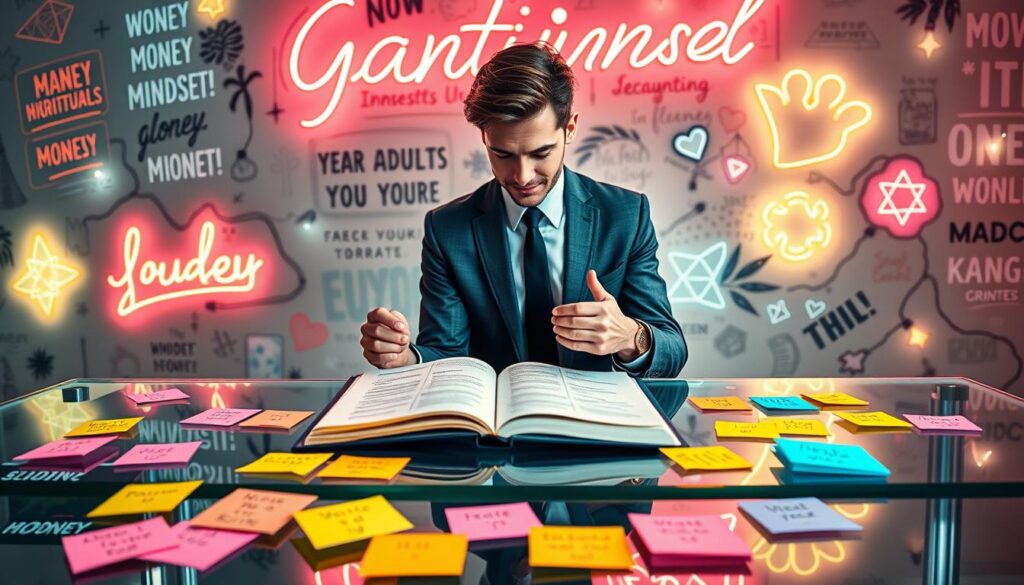 A visually striking scene featuring a stylish, modern gratitude journal open on a sleek glass desk, surrounded by scattered vibrant sticky notes filled with affirmations and positive thoughts. In the foreground, a well-dressed individual, representing a professional adult Gen Z, examines the journal, deep in thought with a slight smile, symbolizing a shift in money mindset. The background features an abstract neon-colored wall with motivational designs and glowing elements creating a dreamcore aesthetic. Soft, warm lighting casts gentle shadows, enhancing the atmosphere of inspiration and reflection. The overall composition conveys a sense of peace and determination, reflecting the powerful connection between gratitude and financial success. A visually striking scene featuring a stylish, modern gratitude journal open on a sleek glass desk, surrounded by scattered vibrant sticky notes filled with affirmations and positive thoughts. In the foreground, a well-dressed individual, representing a professional adult Gen Z, examines the journal, deep in thought with a slight smile, symbolizing a shift in money mindset. The background features an abstract neon-colored wall with motivational designs and glowing elements creating a dreamcore aesthetic. Soft, warm lighting casts gentle shadows, enhancing the atmosphere of inspiration and reflection. The overall composition conveys a sense of peace and determination, reflecting the powerful connection between gratitude and financial success.