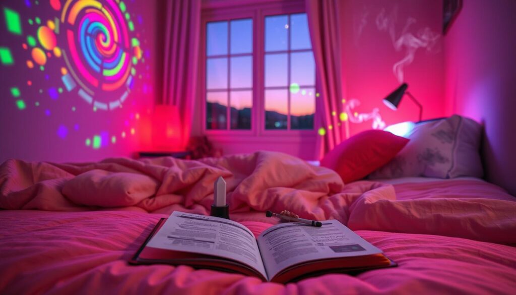 A visually striking scene illustrating beginner-friendly reality shifting methods, designed with a dreamcore aesthetic. In the foreground, a cozy bedroom setup featuring a neatly made bed with soft, plush blankets and pillows in vibrant neon colors. On a bedside table, an open journal filled with notes, crystals, and calming incense emanating wispy smoke. The middle ground reveals a light projector casting colorful, swirling patterns on the walls, creating an inviting atmosphere. In the background, a window softly illuminated by twilight, allowing a glimpse of a starry sky. The lighting is warm yet ethereal, giving the space a dreamy ambiance. Capture this scene from a slightly elevated angle, producing a magazine-style composition that evokes a sense of tranquility and mystical exploration, aimed at adult Gen Z. A visually striking scene illustrating beginner-friendly reality shifting methods, designed with a dreamcore aesthetic. In the foreground, a cozy bedroom setup featuring a neatly made bed with soft, plush blankets and pillows in vibrant neon colors. On a bedside table, an open journal filled with notes, crystals, and calming incense emanating wispy smoke. The middle ground reveals a light projector casting colorful, swirling patterns on the walls, creating an inviting atmosphere. In the background, a window softly illuminated by twilight, allowing a glimpse of a starry sky. The lighting is warm yet ethereal, giving the space a dreamy ambiance. Capture this scene from a slightly elevated angle, producing a magazine-style composition that evokes a sense of tranquility and mystical exploration, aimed at adult Gen Z.