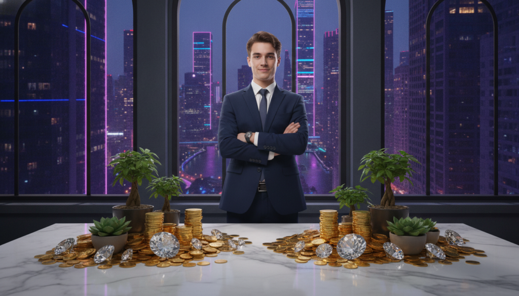 A visually striking scene symbolizing financial abundance, wealth, and prosperity. In the foreground, a polished marble table displays an array of gold coins, glittering diamonds, and lush green plants symbolizing growth and success. The middle features a confident adult Gen Z individual of Caucasian descent dressed in professional business attire, standing proudly with arms crossed, radiating success. The background showcases a city skyline at dusk, illuminated by vibrant neon colors, blending shades of purple and blue, suggesting a prosperous urban environment. Soft, dynamic lighting casts an inviting glow, creating a mood of ambition and optimism. The angle is slightly elevated, providing a comprehensive view of the scene while focusing on the sense of tranquility and wealth. A visually striking scene symbolizing financial abundance, wealth, and prosperity. In the foreground, a polished marble table displays an array of gold coins, glittering diamonds, and lush green plants symbolizing growth and success. The middle features a confident adult Gen Z individual of Caucasian descent dressed in professional business attire, standing proudly with arms crossed, radiating success. The background showcases a city skyline at dusk, illuminated by vibrant neon colors, blending shades of purple and blue, suggesting a prosperous urban environment. Soft, dynamic lighting casts an inviting glow, creating a mood of ambition and optimism. The angle is slightly elevated, providing a comprehensive view of the scene while focusing on the sense of tranquility and wealth.